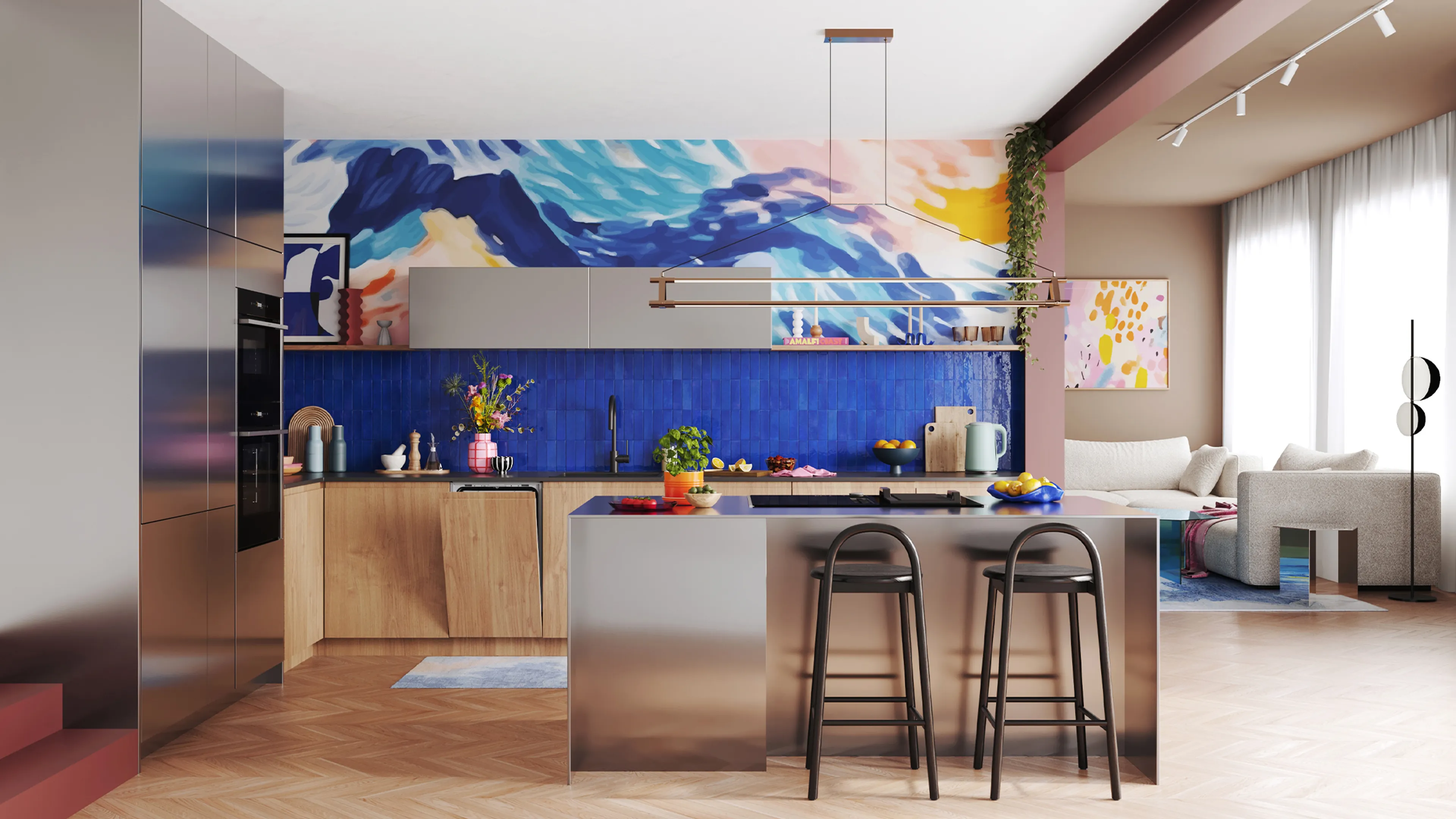 A modern kitchen featuring sleek appliances and a vibrant, colorful wall design.