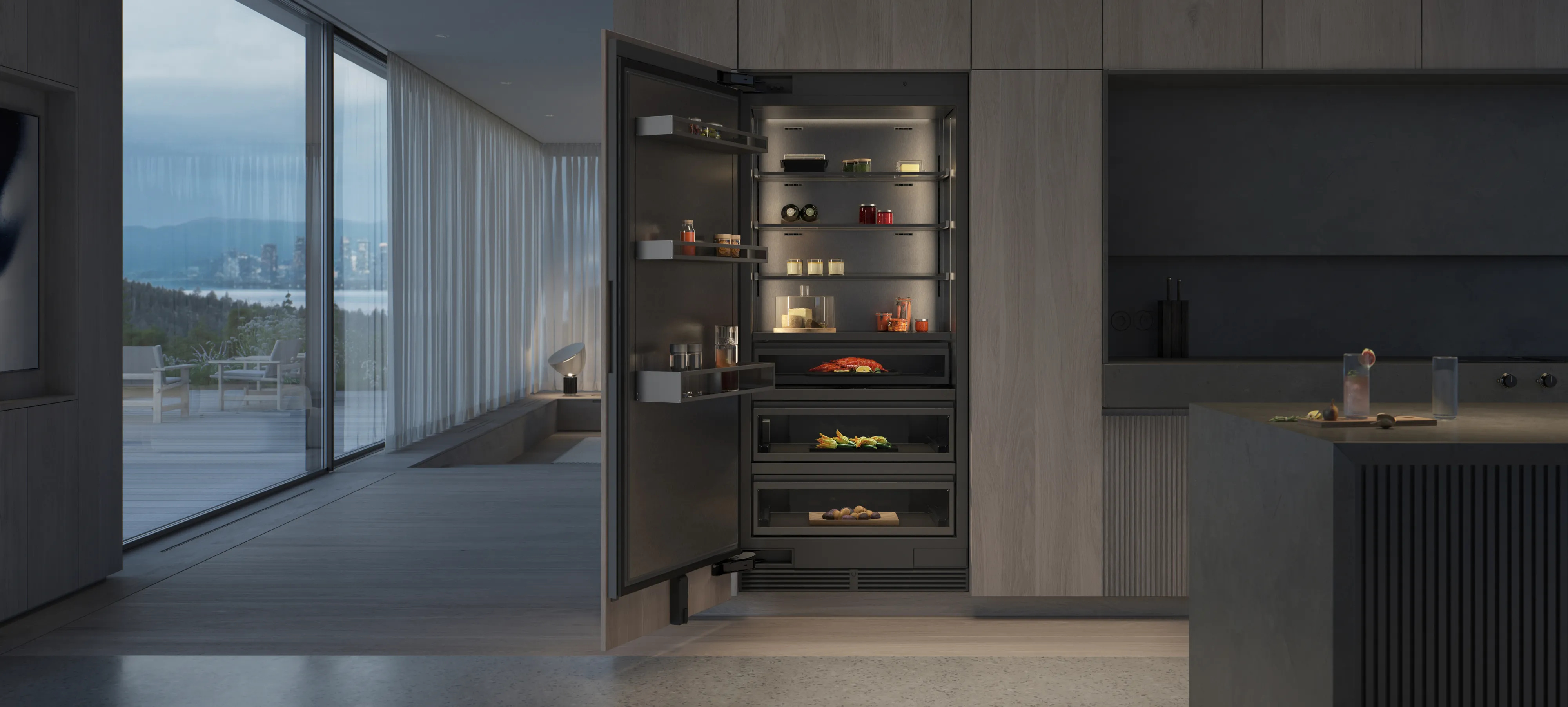 Ett kylskåp i Gaggenau Vario Cooling Expressive-serien i ett lyxigt kök
