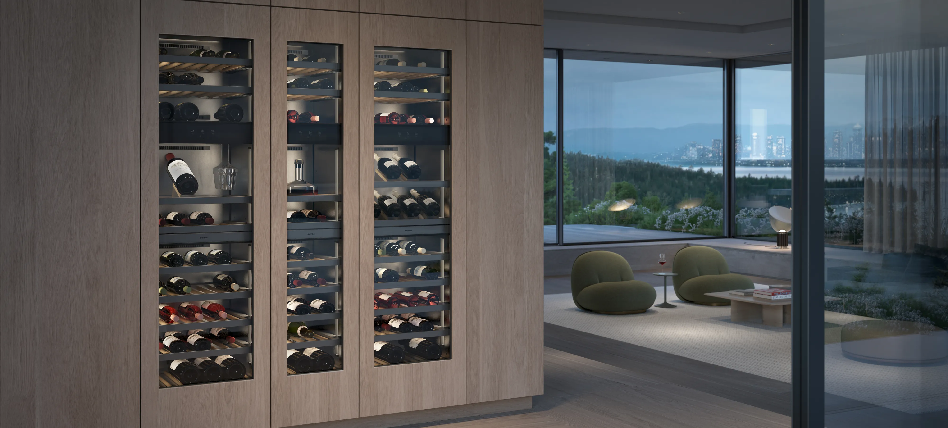 Tre vinklimatskåp i Gaggenau Vario Cooling Expressive-serien i ett lyxigt kök
