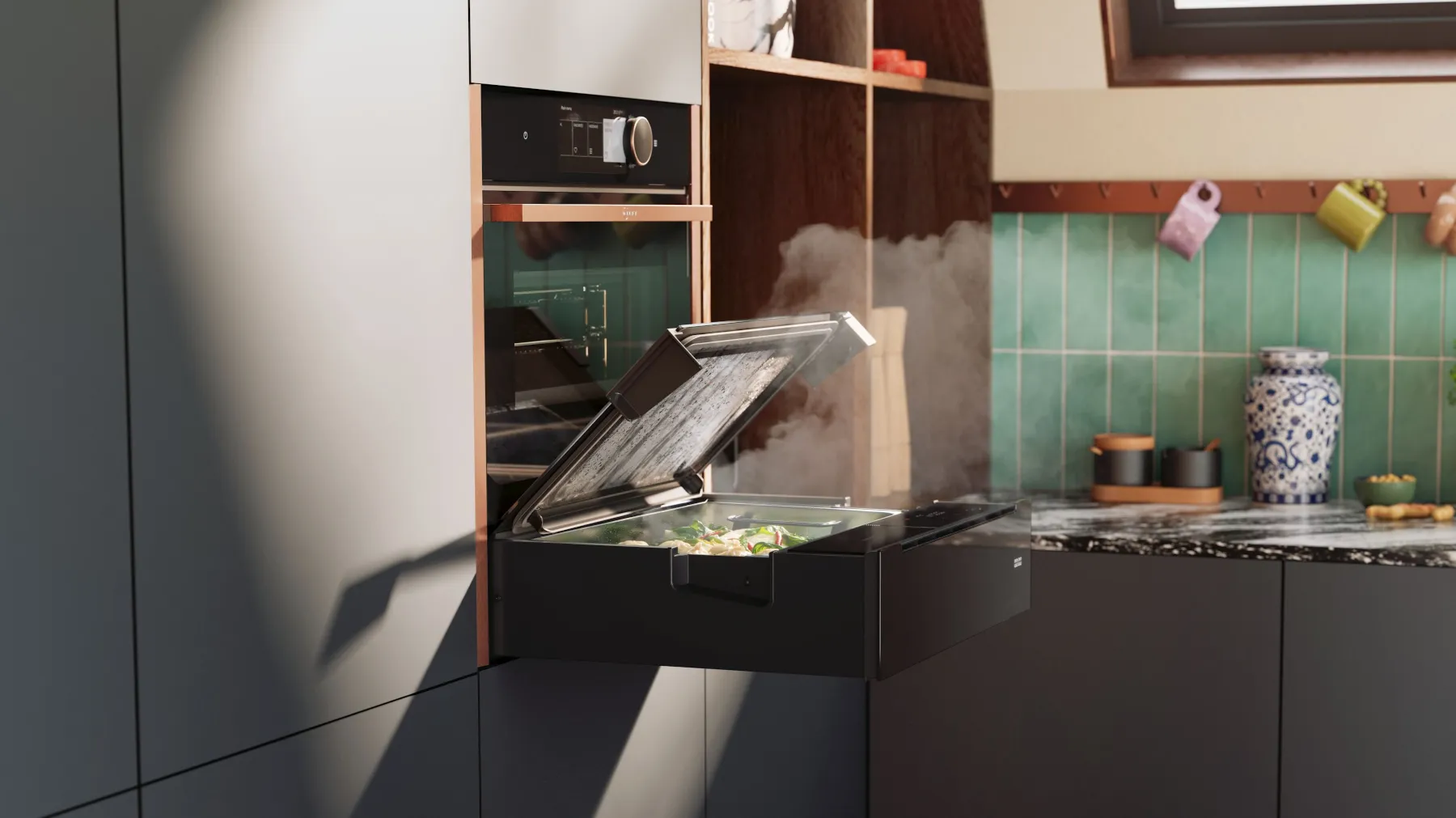 NEFF Dampfschublade in moderner Küche – platzsparend unter einem Backofen eingebaut, mit geöffnetem Glasdeckel und aufsteigendem Dampf beim Garen von frischem Gemüse.