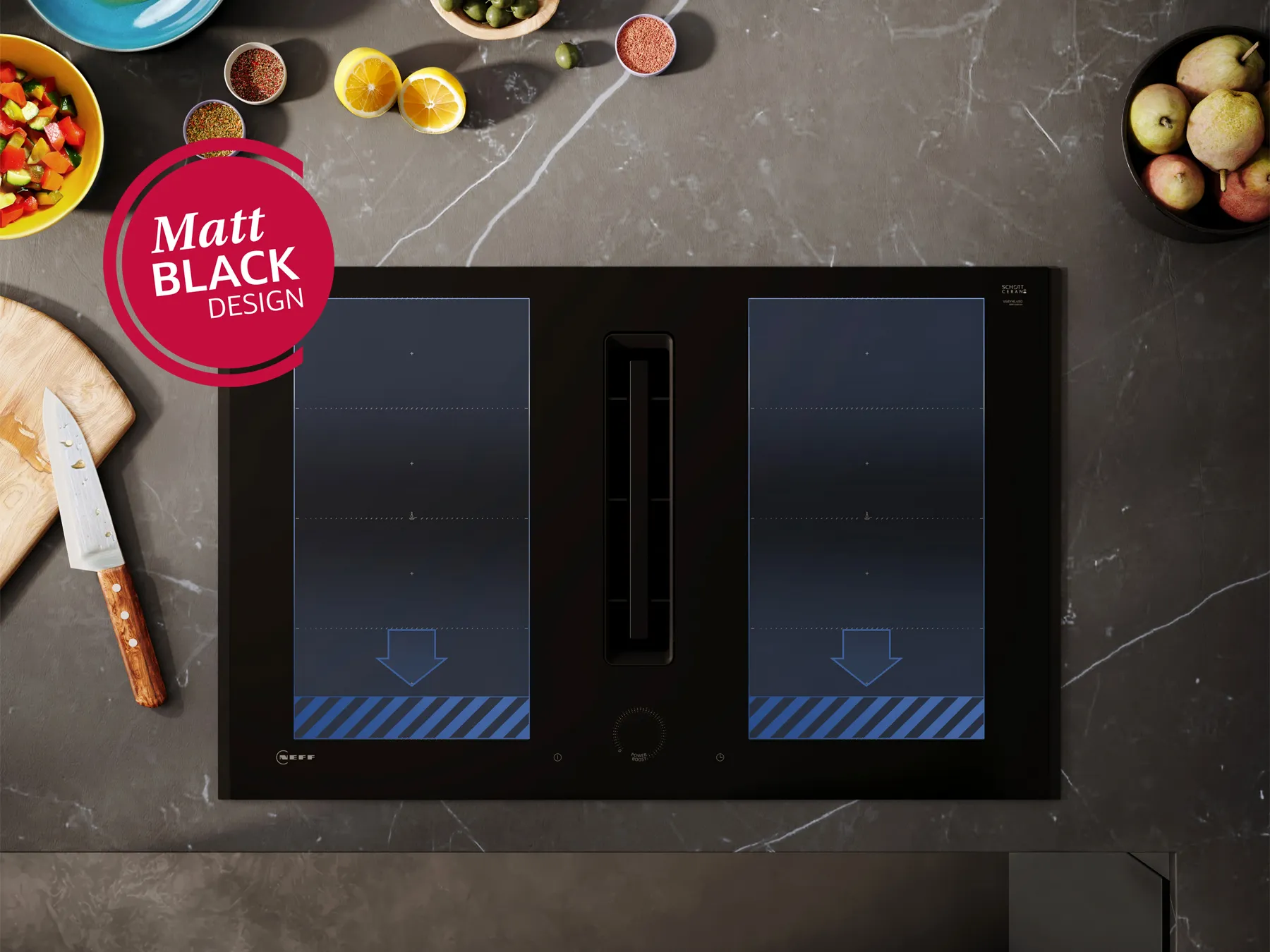 NEFF Induktionskochfeld mit integriertem Dunstabzug in Matt Black, zwei Flex Induction Kochzonen mit zentralem Kochfeldabzug in moderner Küchenarbeitsfläche.