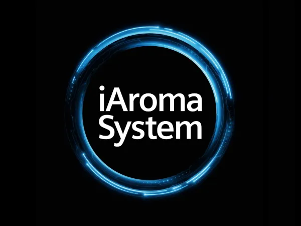 Glowing blue circular logo with text "iAroma System" against a dark background.