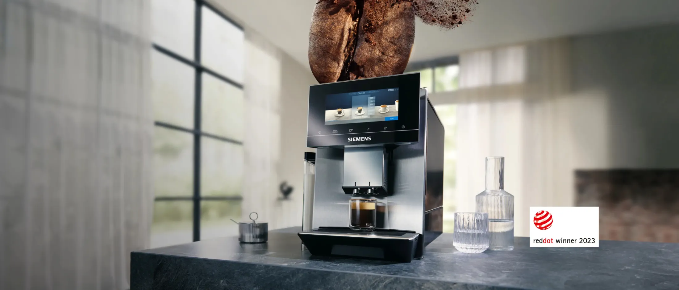Coffee machine creating an explosion of beans and flowers with "reddot winner" logo.