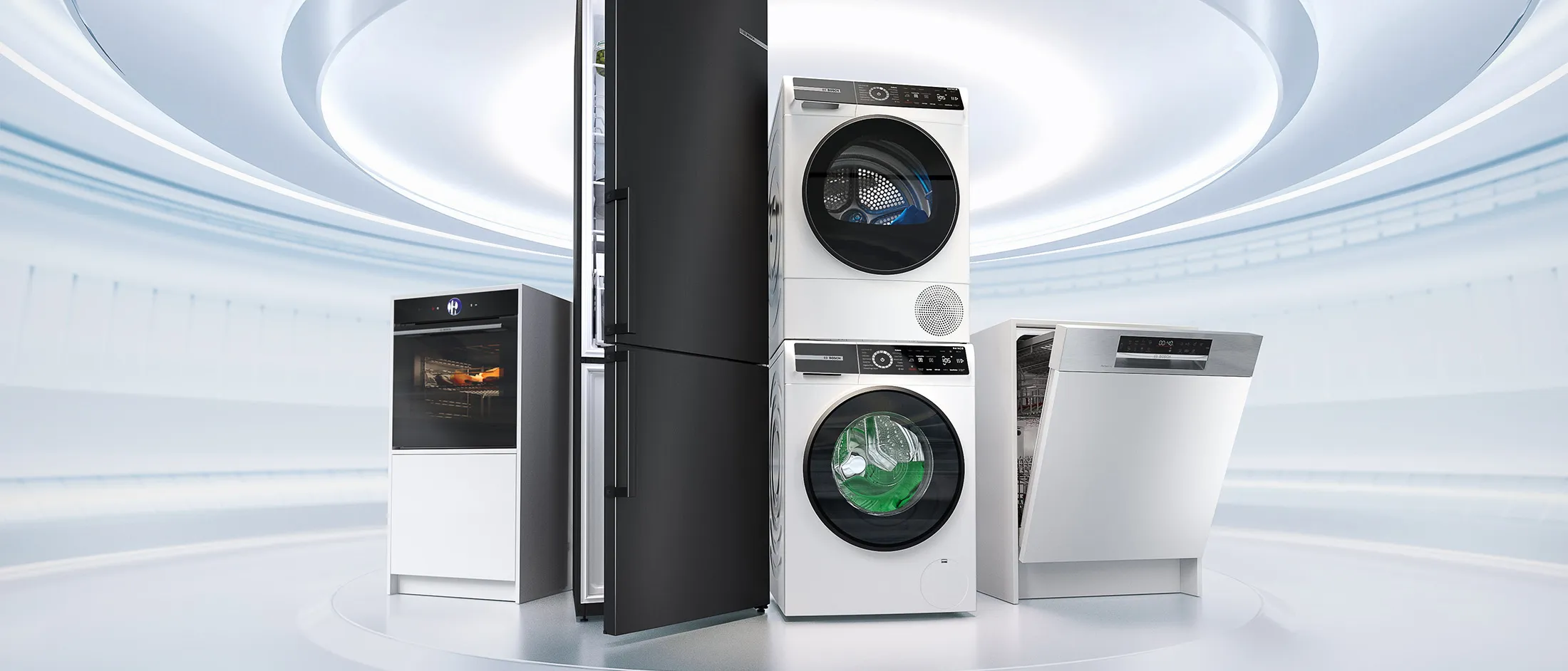 Елегантна колекция от домакински уреди Bosch, включително хладилник, фурна, пералня, сушилня и съдомиялна машина, с 2+3 години гаранция.