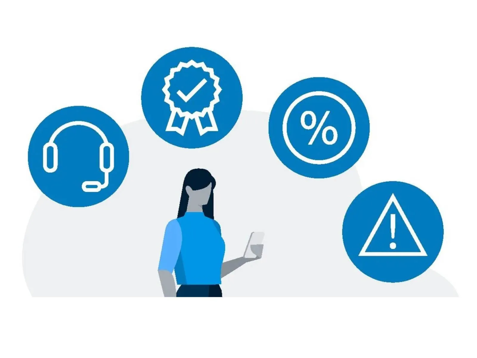 Une femme avec un téléphone, entourée d'icônes représentant le service client, la qualité, les réductions et les alertes.