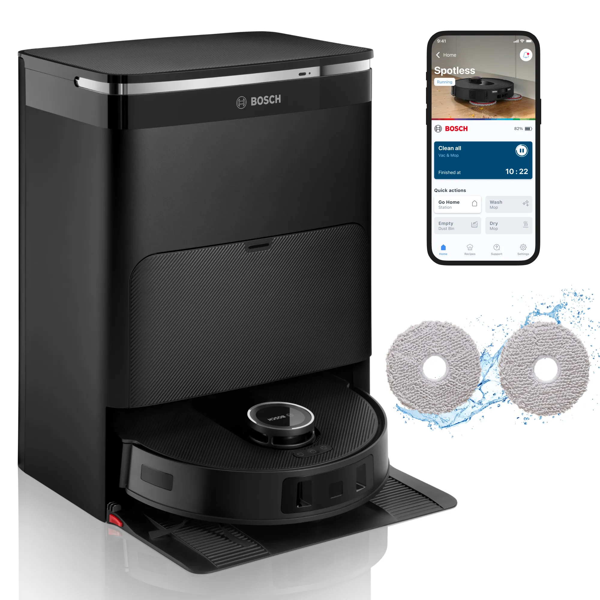 En station för Bosch-robotdammsugaren med en smartphone-app som visar funktioner, inklusive två rengöringsremmar för förbättrad funktionalitet