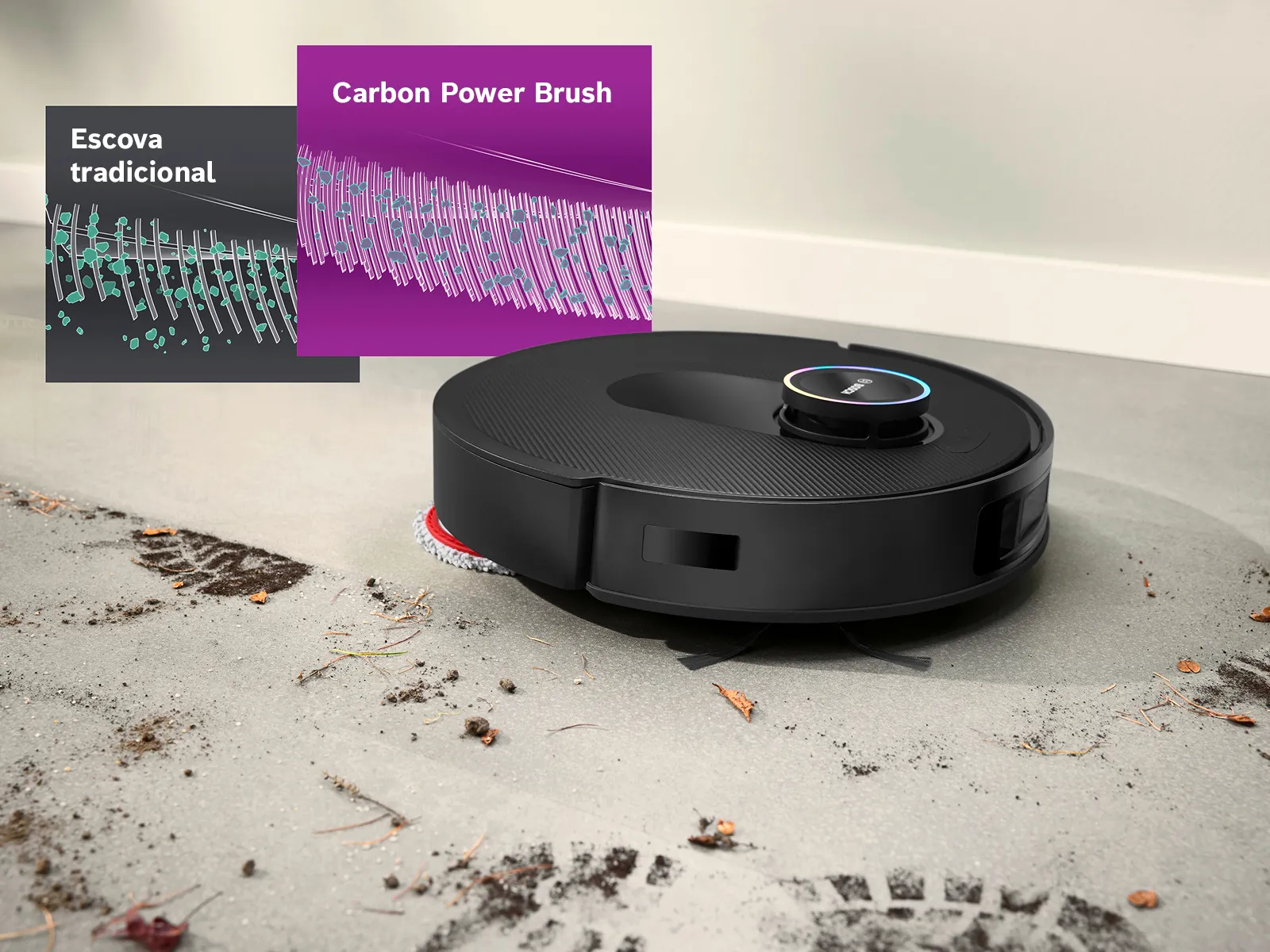 O Spotless limpa sujeira e pegadas de lama de um piso branco usando sua Escova de Carbono.