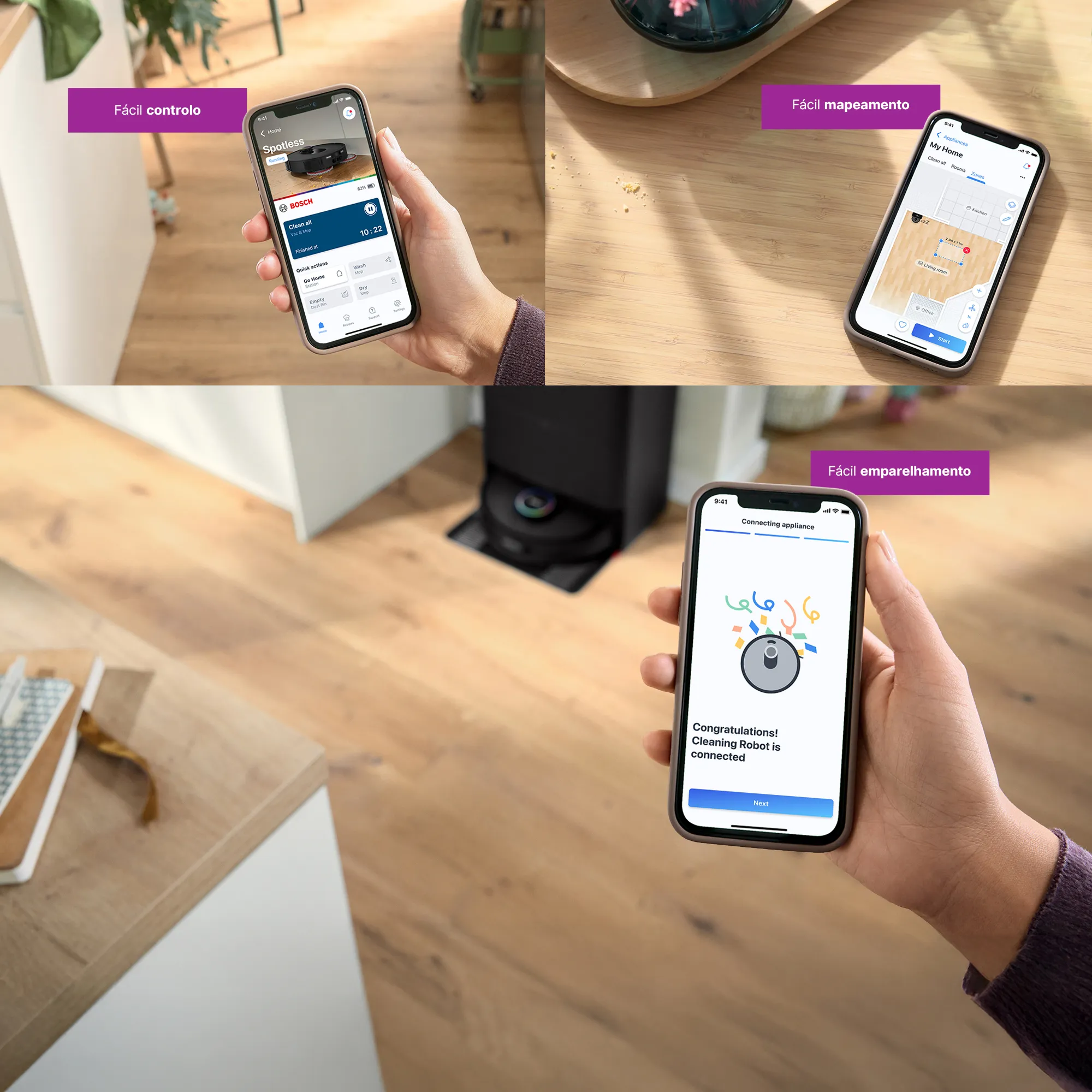 Mão segurando um iPhone, exibindo o Spotless conectado ao aplicativo Bosch Home Connect.