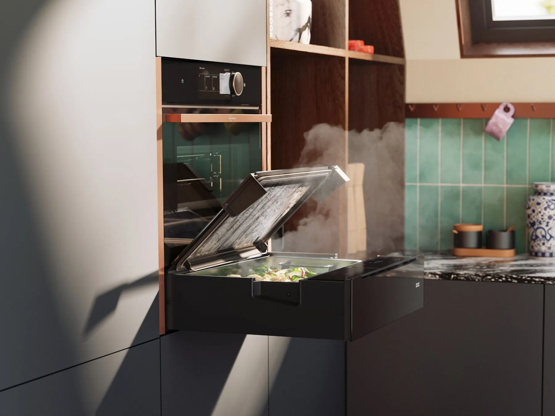 NEFF Dampfschublade in moderner Küche – platzsparend unter einem Backofen eingebaut, mit geöffnetem Glasdeckel und aufsteigendem Dampf beim Garen von frischem Gemüse.