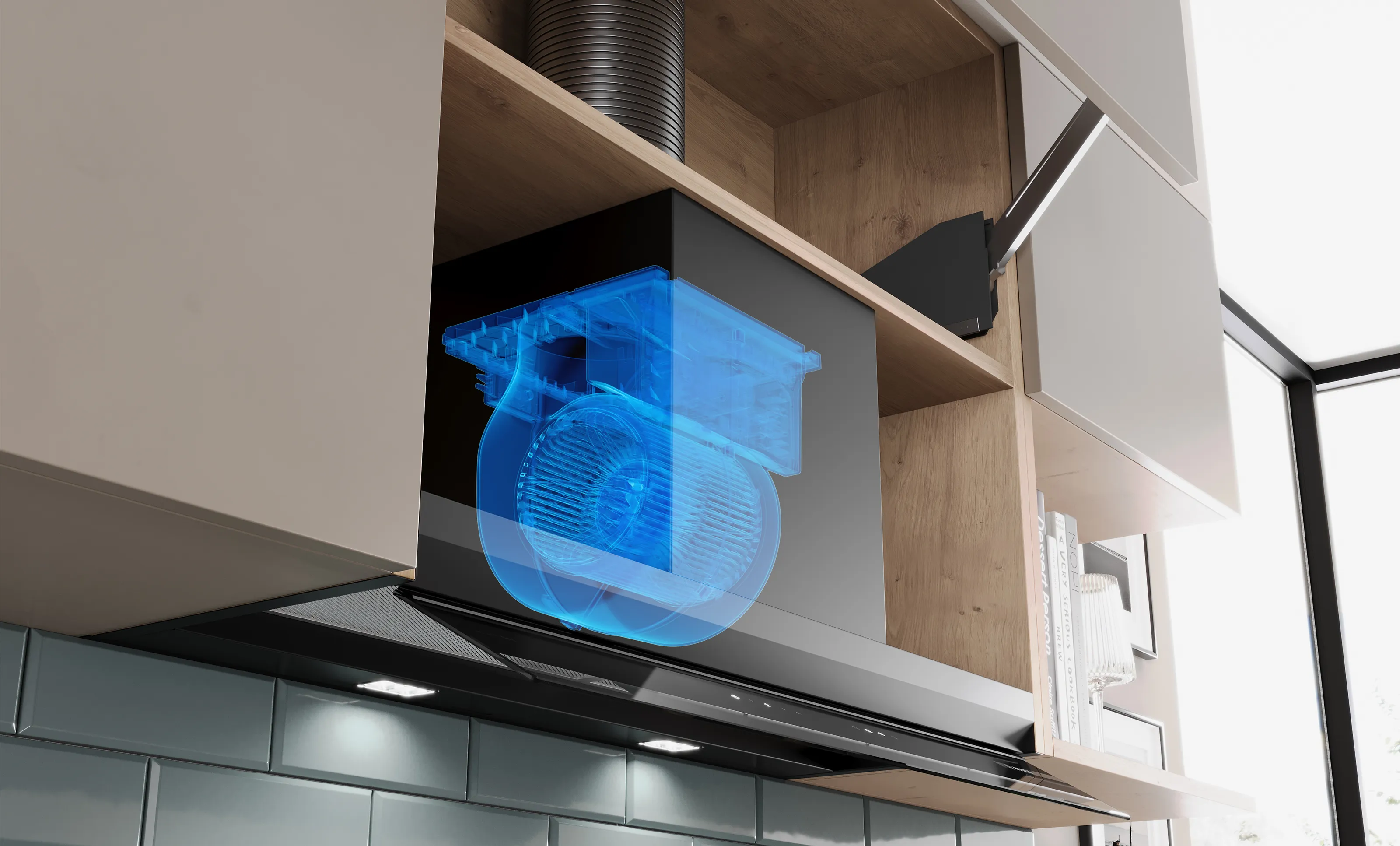 Un elegante cappuccio da cucina nero montato su una parete blu sopra un moderno piano cottura.