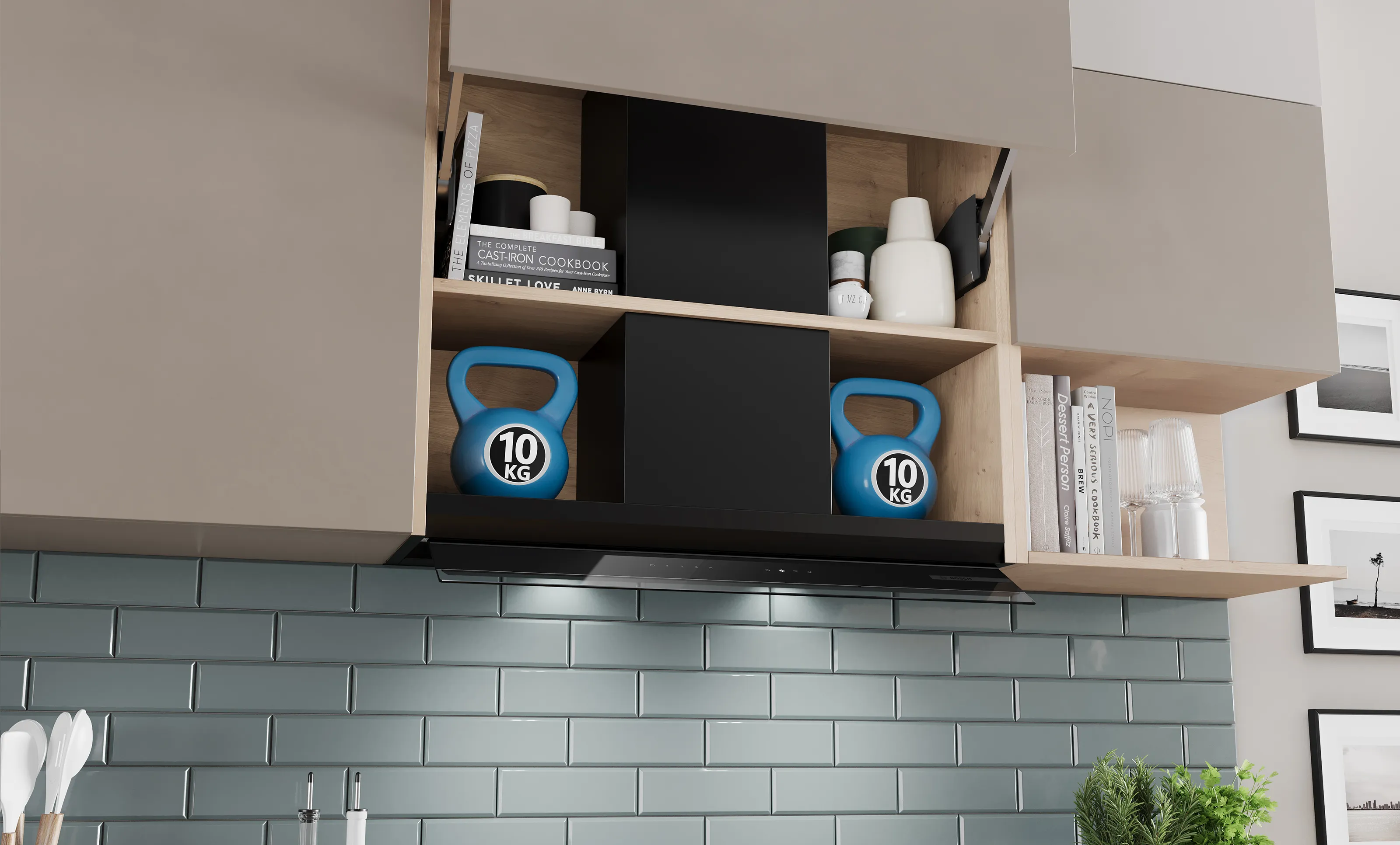 Integrated design hood with open and filled wall cabinet. A 10 kg kettlebell weight is placed on the left and right sides of the hood to illustrate the load capacity.