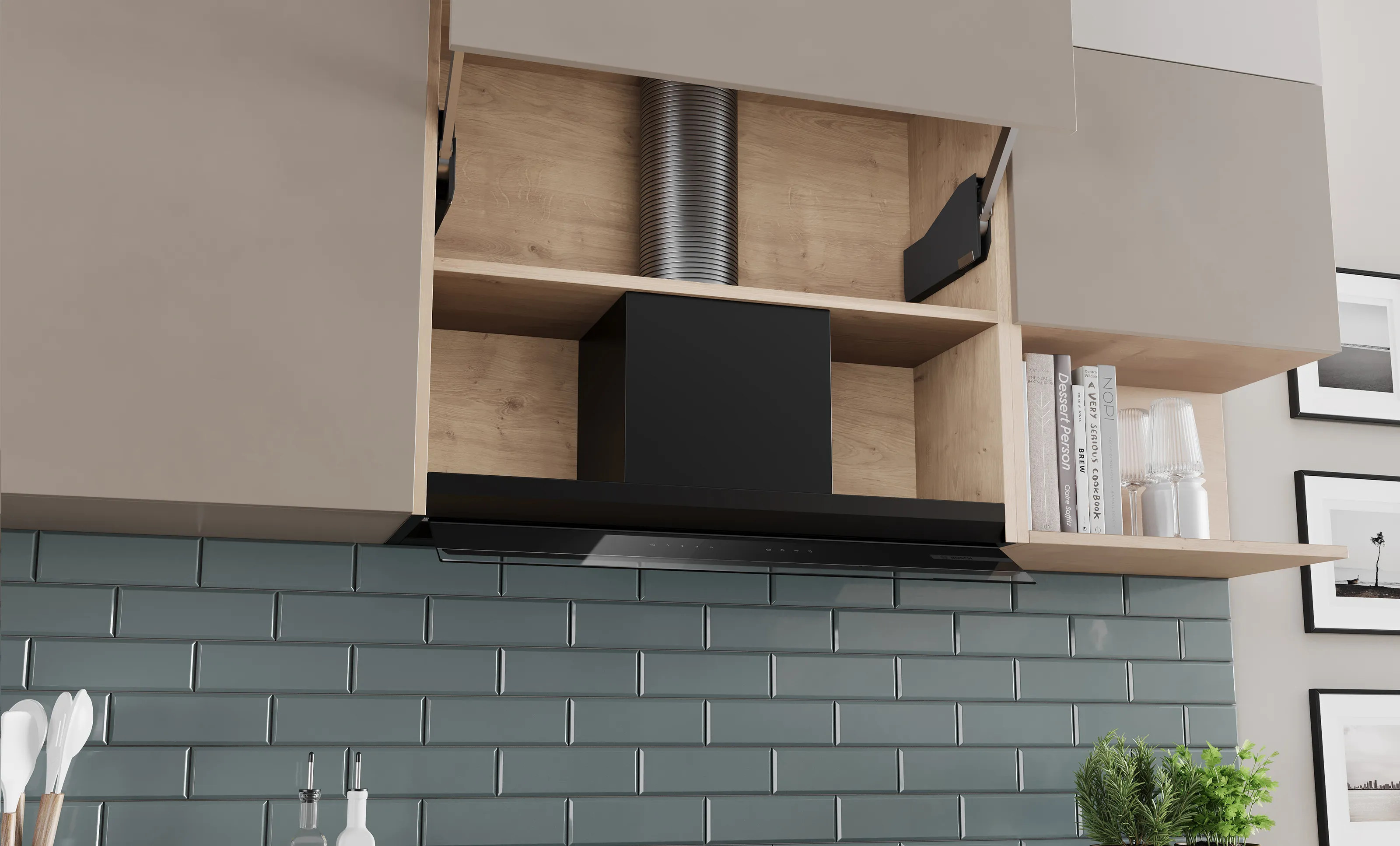 Integrated design hood with open and empty wall cabinet. Exhaust pipe extension with standard shelf.