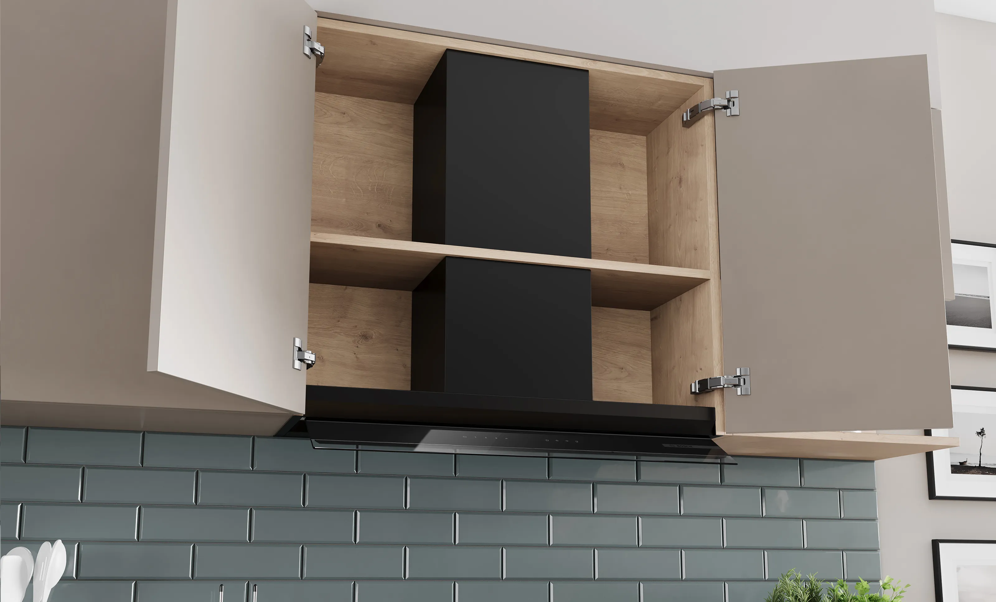 Integrated design hood with open and empty wall cabinet. Standard shelf plus chimney extension to hide the exhaust pipe.