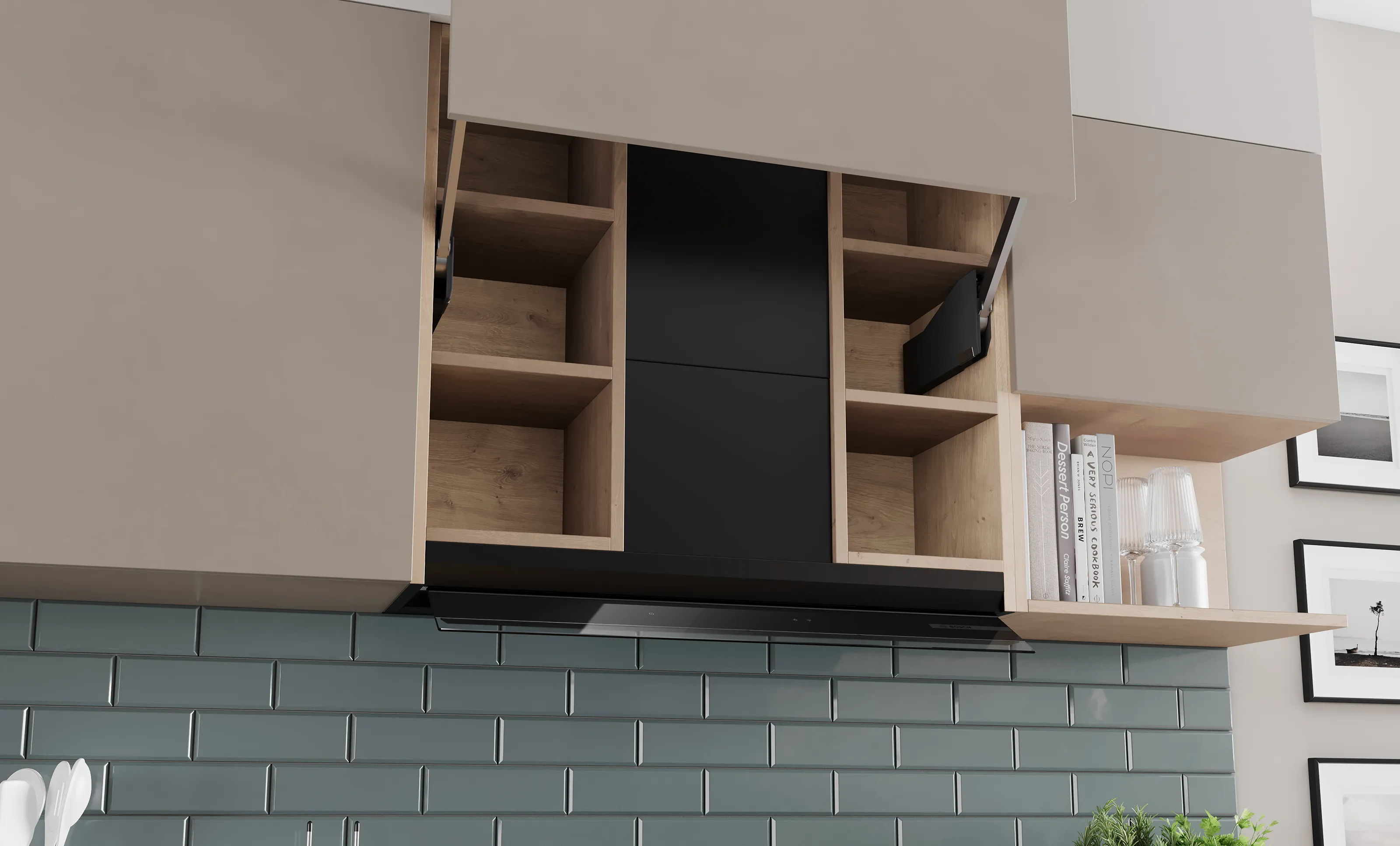 Integrated design hood with open and empty wall cabinet. Three shelf modules plus the chimney extension.