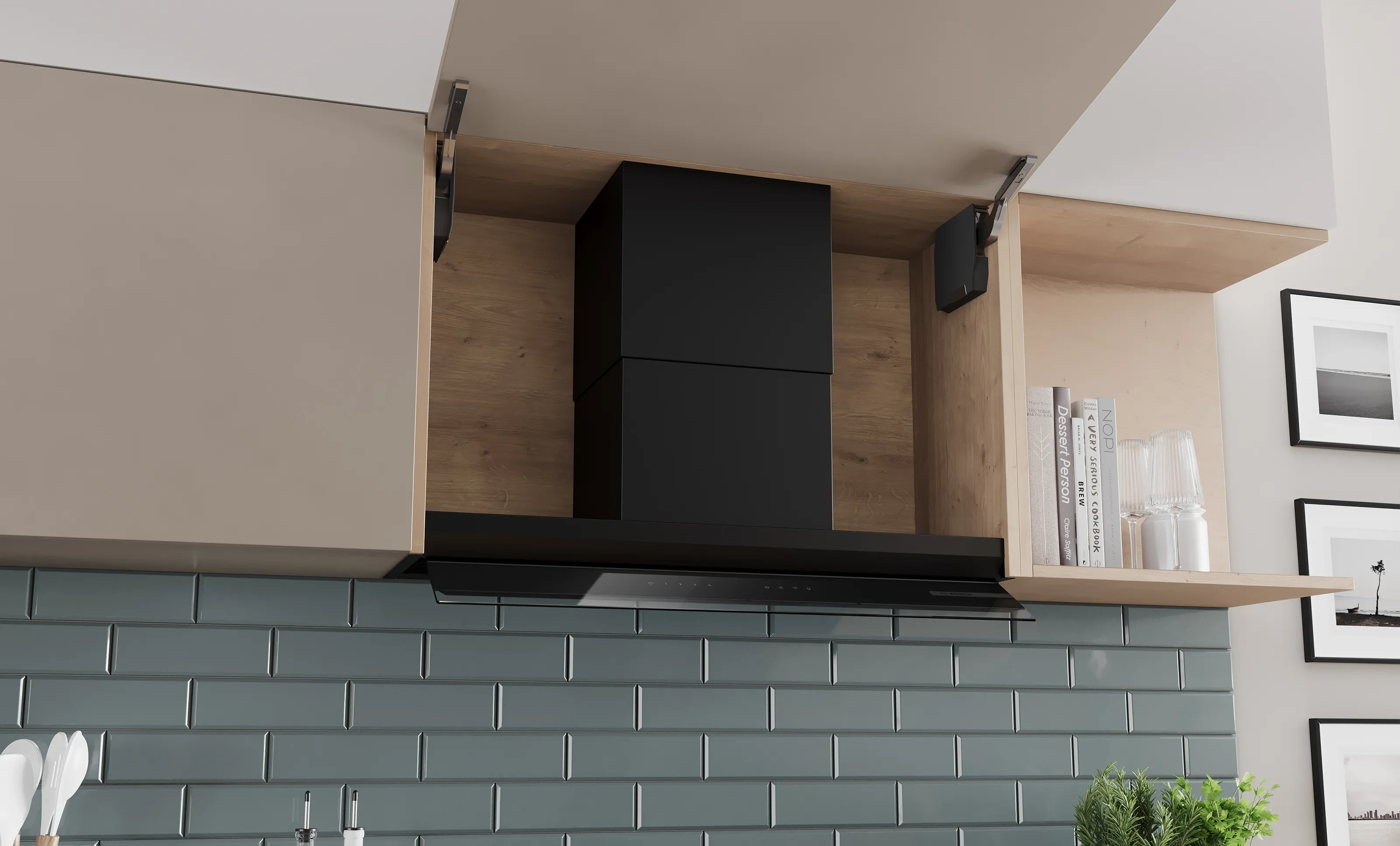 Integrated design hood with open and empty wall cabinet. The chimney extension without a shelf for tall items.