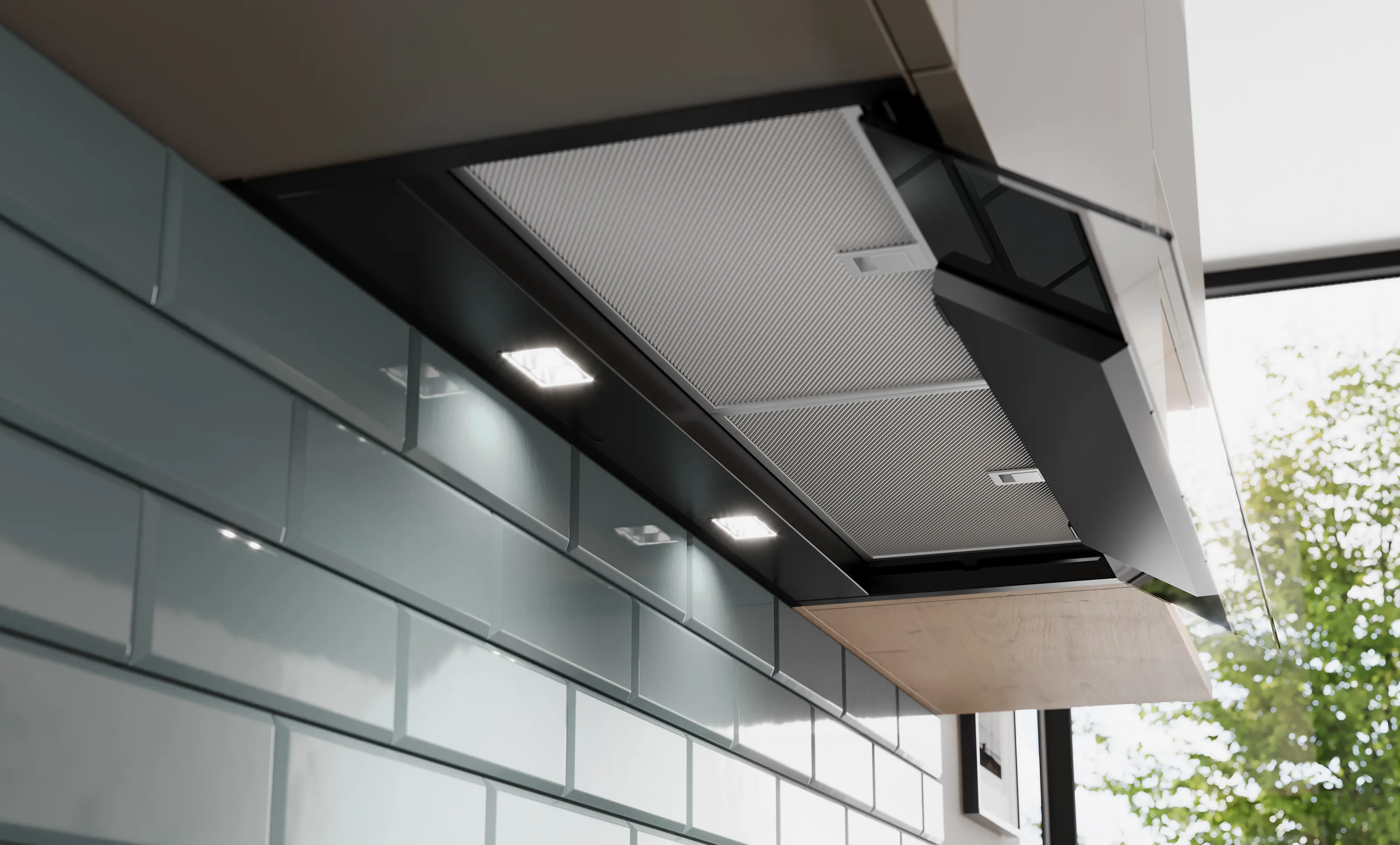 blokschouwkap ingebouwd in keuken met lampjes