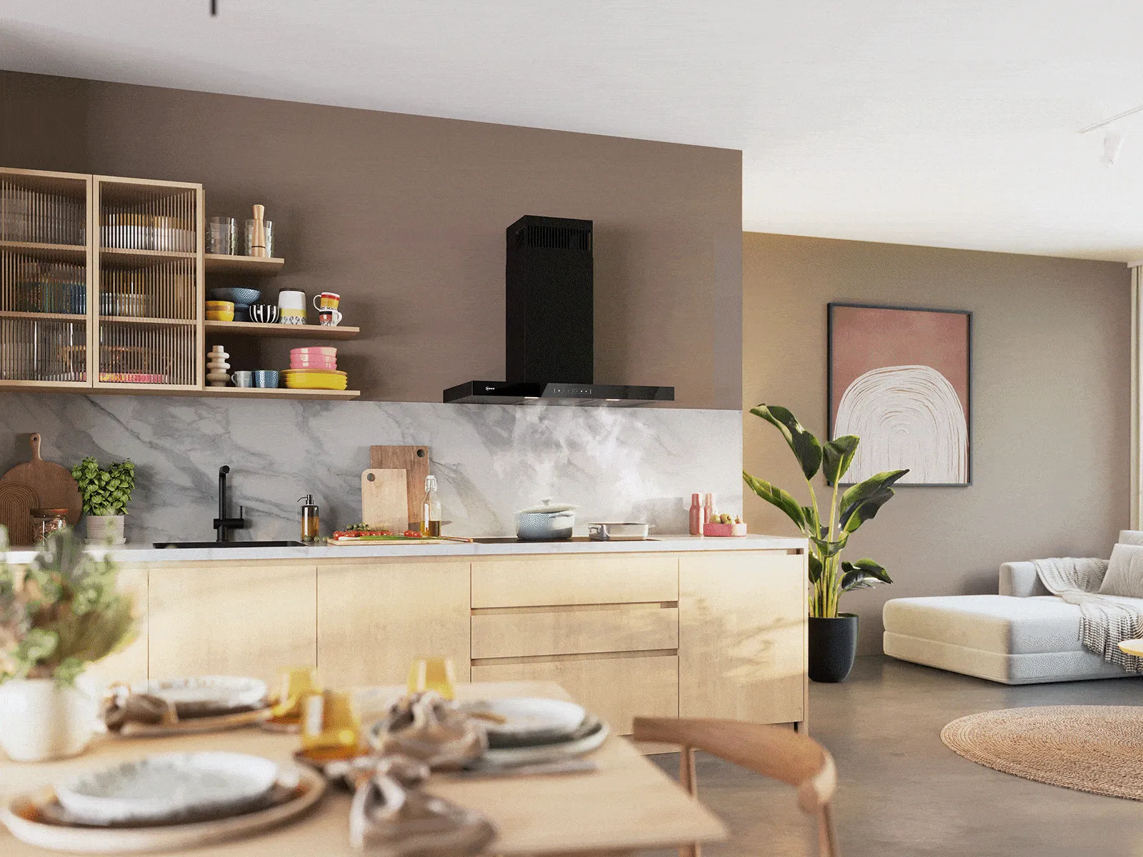 Box hood with steaming pan from an angle 