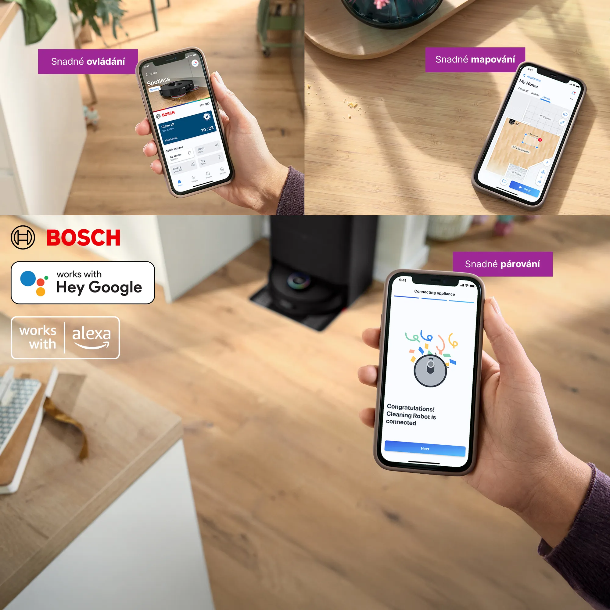 Ruka držící iPhone, který zobrazuje Spotless připojený k aplikaci Bosch Home Connect.