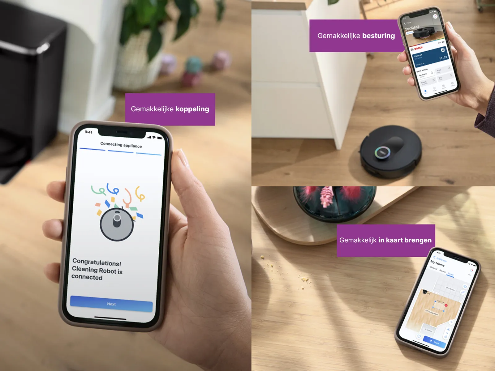 Hand die een iPhone vasthoudt, met de Spotless die is verbonden met de Bosch Home Connect App.