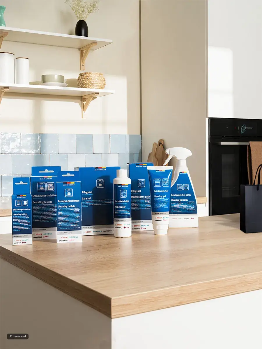 Uma bancada de cozinha brilhante que exibe uma variedade de produtos de limpeza Bosch em embalagens azuis, juntamente com itens decorativos e um vaso escuro