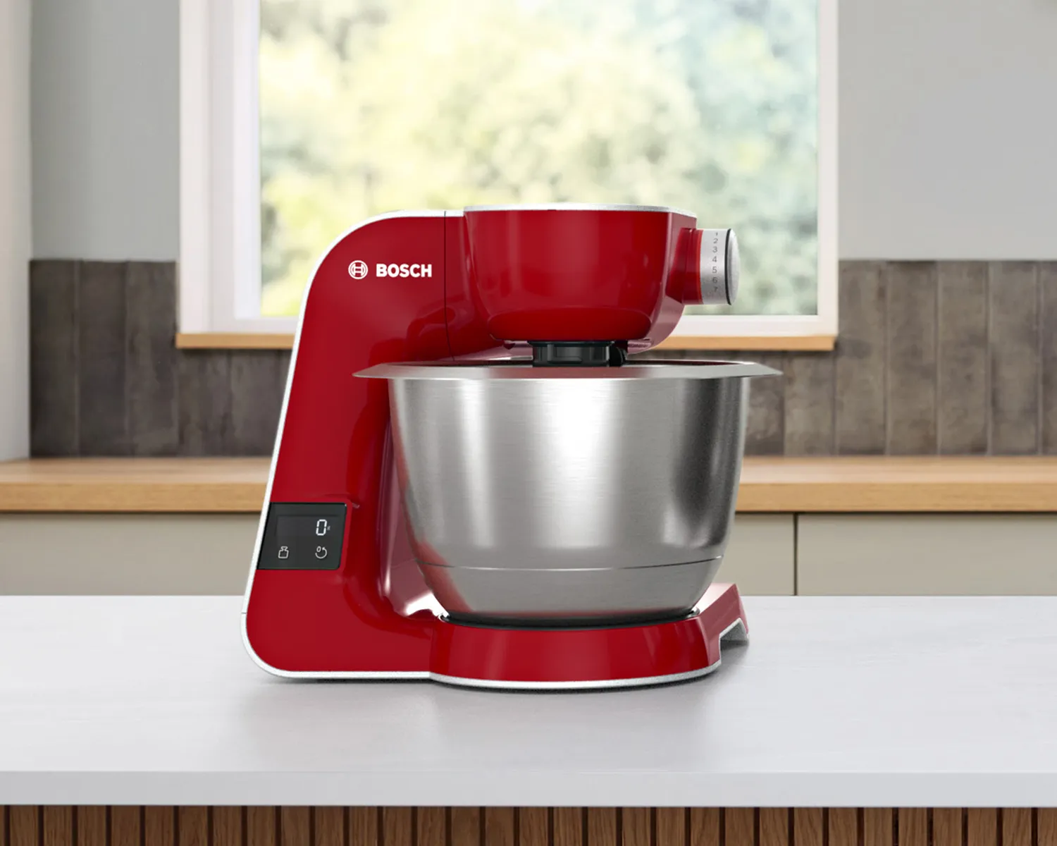 A front shot of a white Series 4 MUM 5 stand mixer.