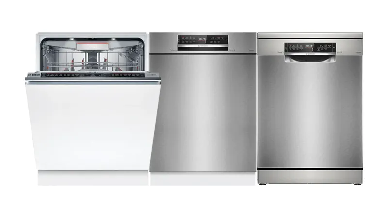 Three Bosch dishwashers, including a fully integrated model with the door open, a semi-integrated model, and a freestanding stainless steel model.