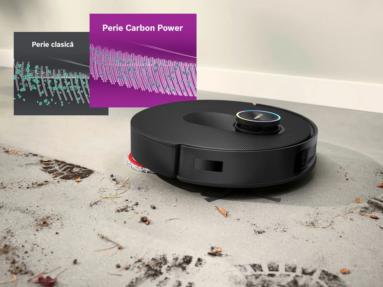 Spotless curăță murdăria și urmele de noroi de pe o podea albă folosind peria Carbon Power.