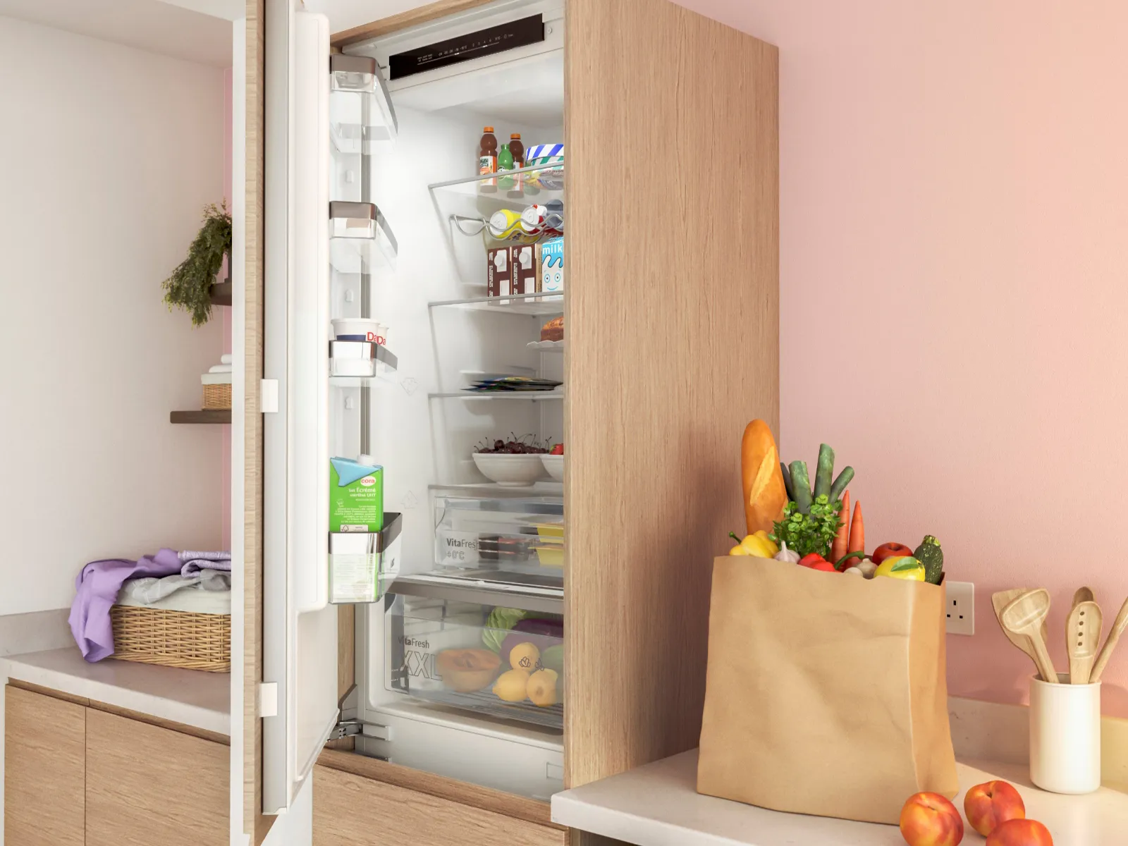 Built in fridge freezer with open door