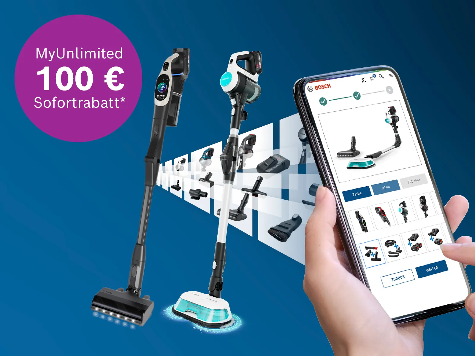 Ein Smartphone zeigt Bosch-Staubsaugeraufsätze, während zwei Staubsauger vor einem blauen Hintergrund stehen und ein Rabatt von 100 € beworben wird.