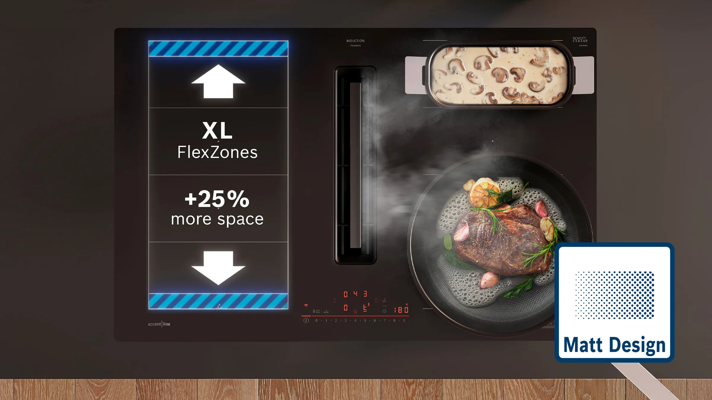 Bosch accent line Induktionskochfeld im Matt Design mit integriertem Dunstabzug und XL FlexZones, bis zu 25 % mehr Platz für Töpfe und Pfannen.