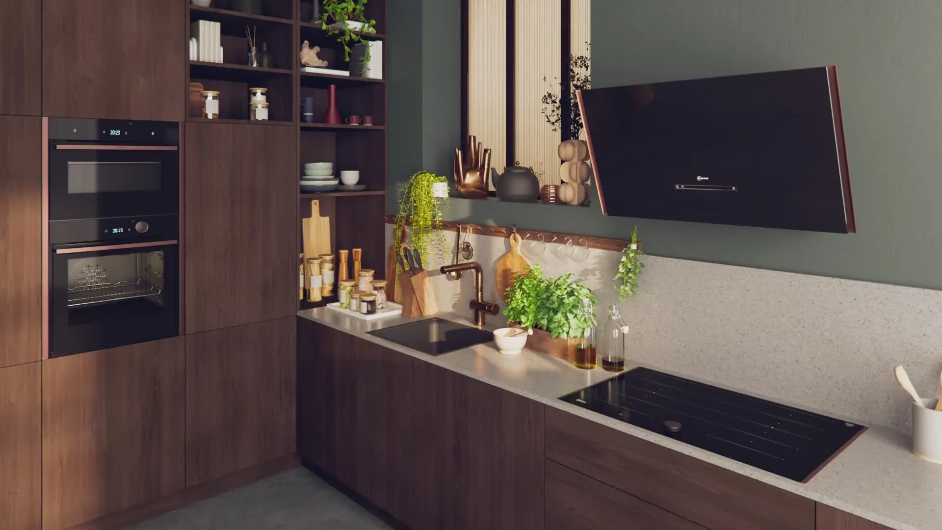 Moderni keittiö, jossa on tyylikkäät puukaapit, musta liesituuletin, sisäänrakennettu uuni ja moderni allas, jota koristavat tuoreet yrtit.