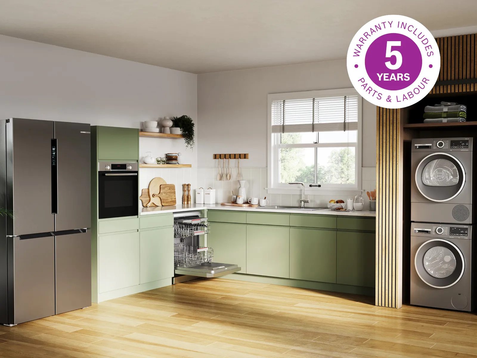 Kitchen setting with Bosch 5 year warranty home banner