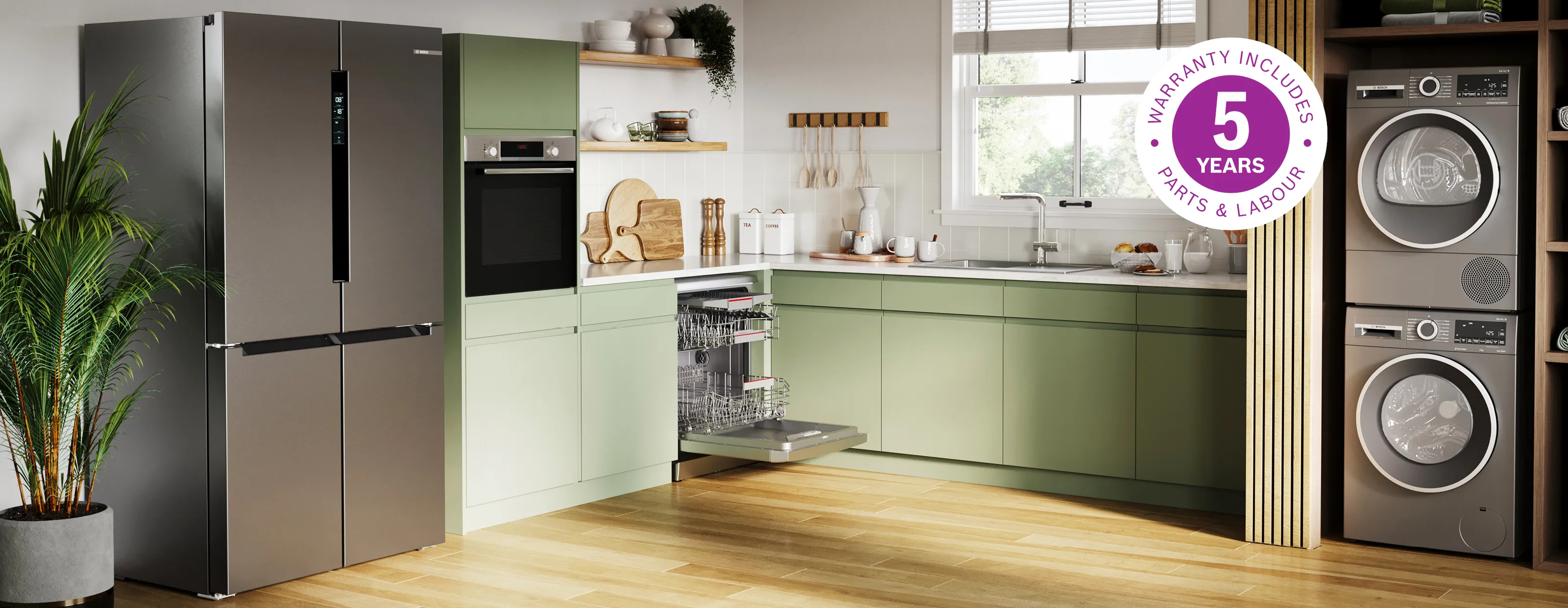 Kitchen setting with Bosch 5 year warranty home banner