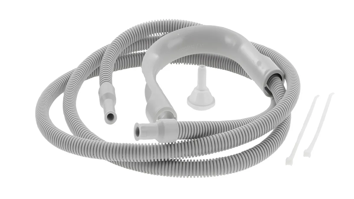 Flexible gray vacuum hose with attachments and ties included, coiled in a circular shape.