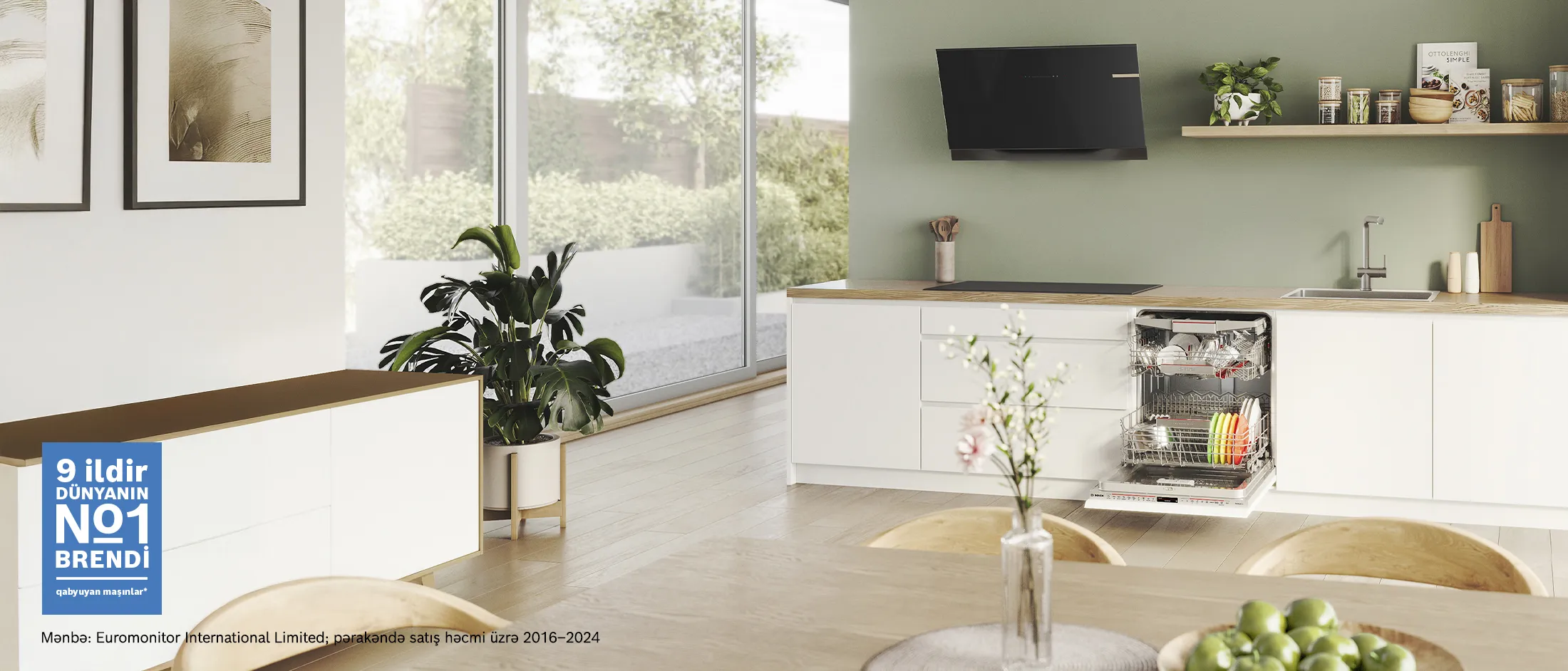 Ağ mətbəx dizaynına mükəmməl şəkildə inteqrasiya olunmuş Bosch inteqrasiya olunmuş qabyuyan maşını, zərif bir görünüş təqdim edir.