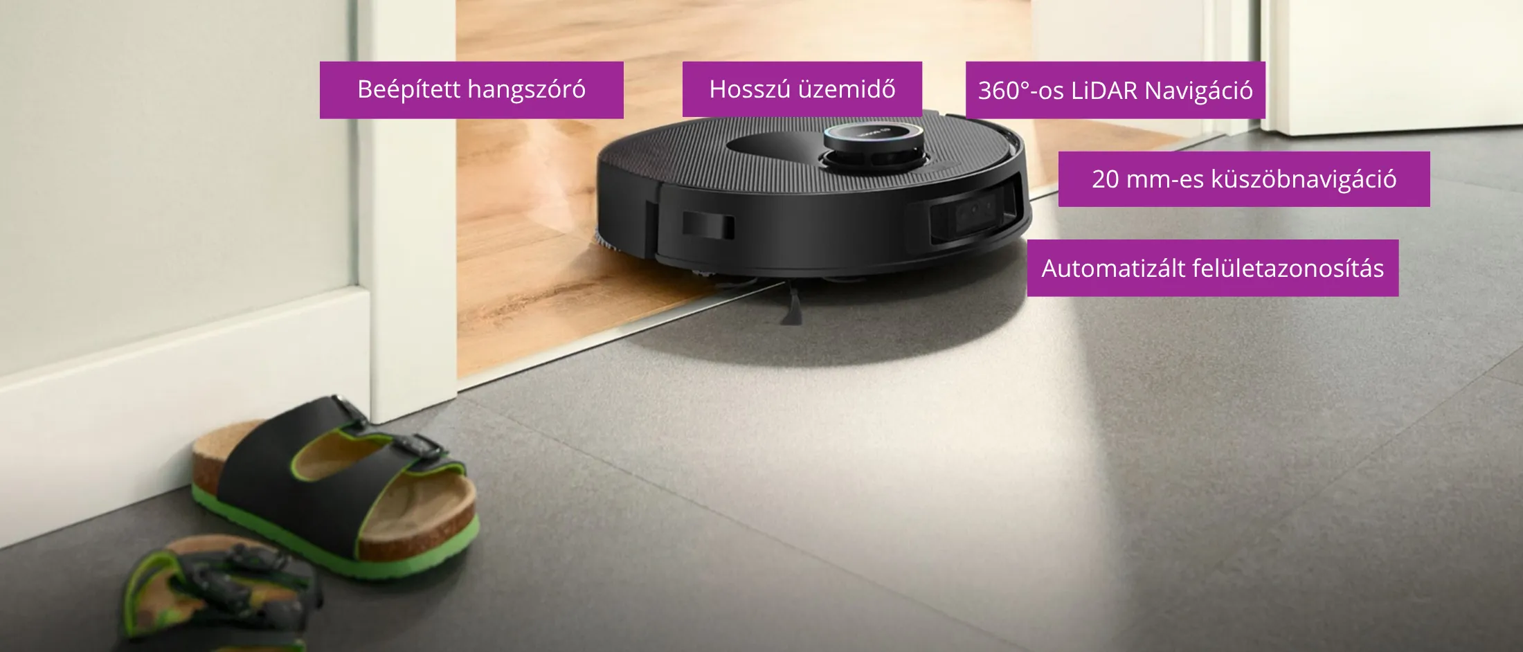 A Spotless egy ajtófélfában áll két különböző padlótípus között, annotálva a különböző funkciókkal.