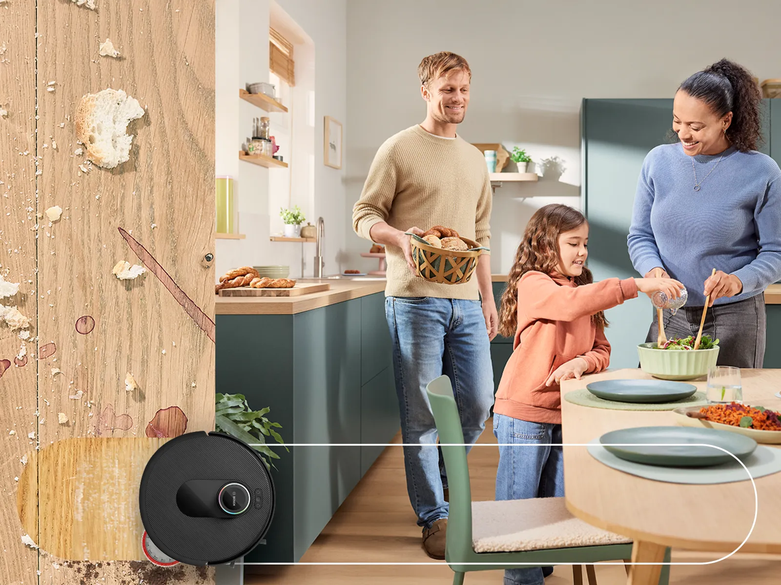 A family cooks together in a modern, clean kitchen filled with fresh ingredients and kitchenware.