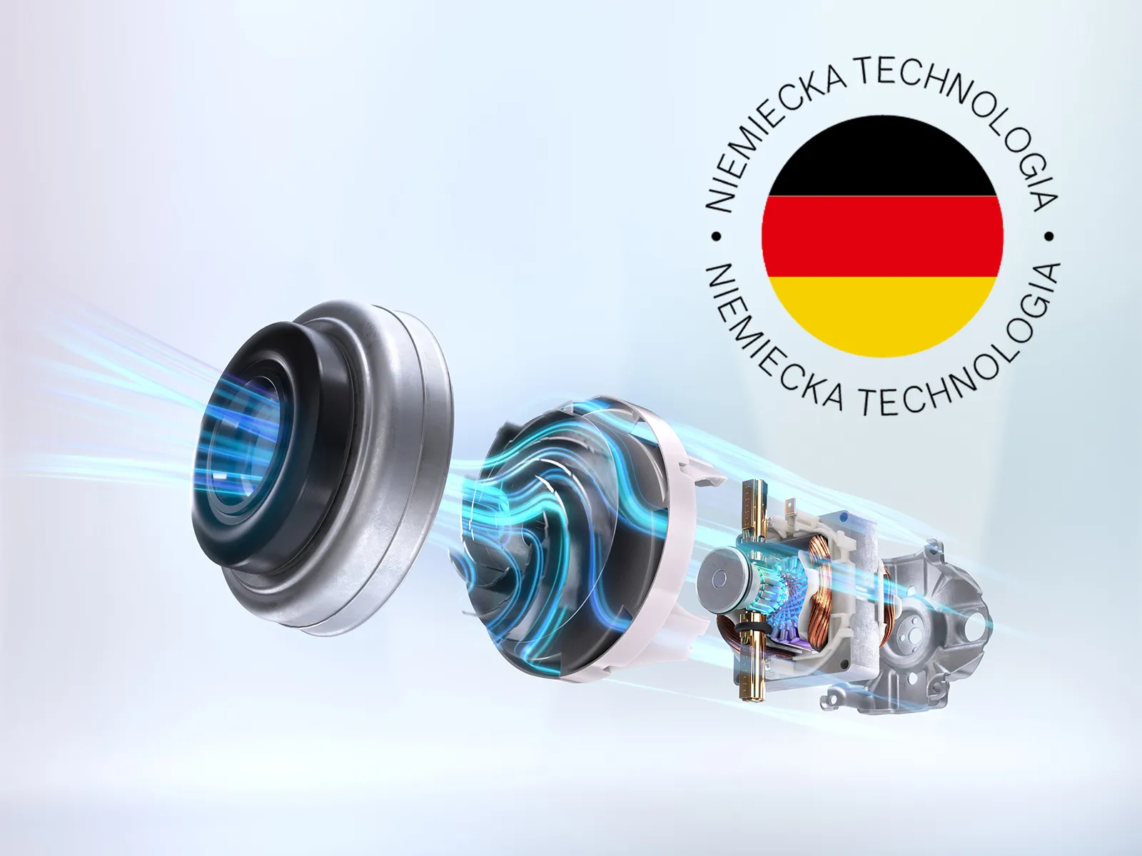 Widok w przekroju niemieckiego silnika z widocznymi wewnętrznymi komponentami i promieniami energii.