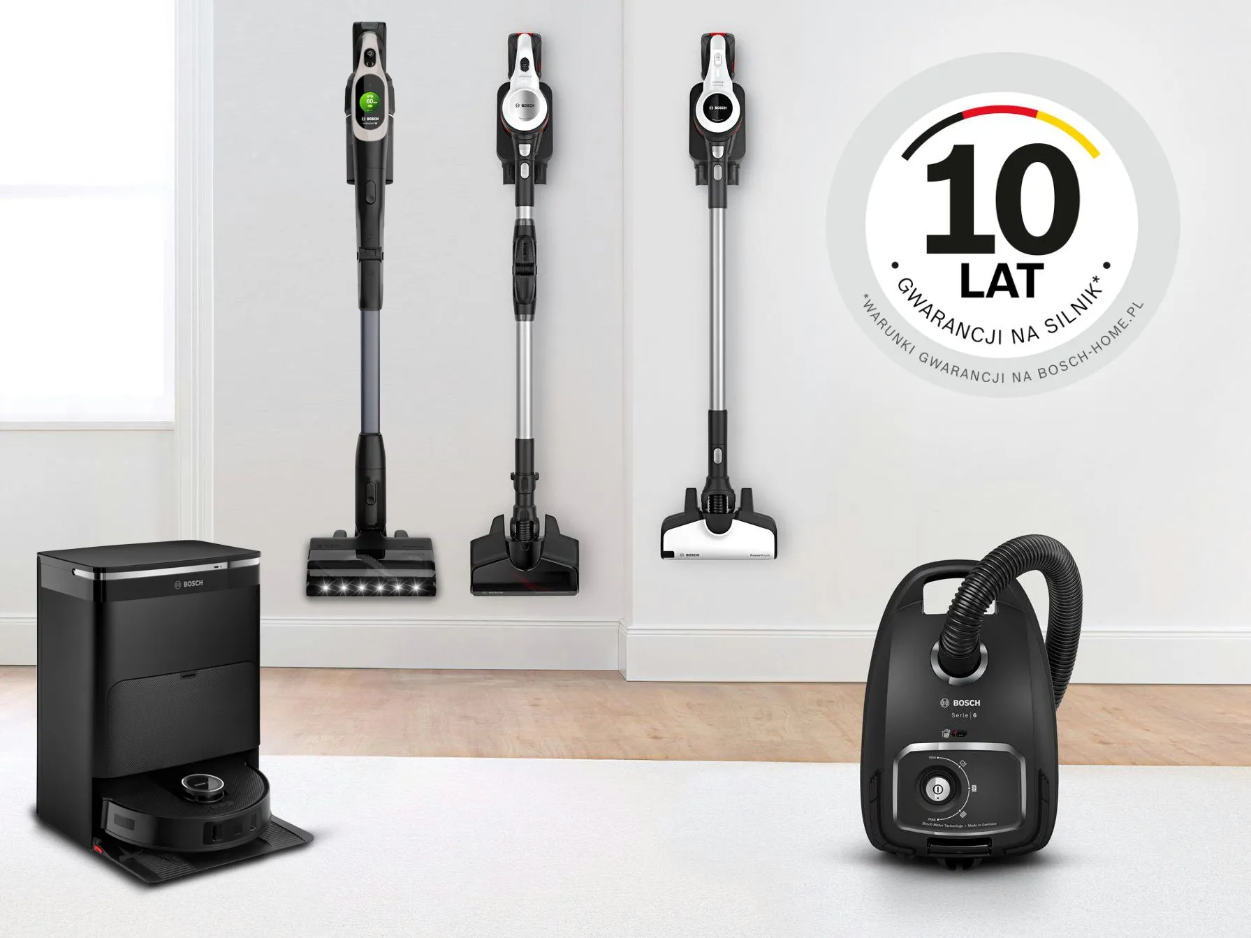 Odkurzacze, 10-letnia odznaka gwarancyjna i odkurzacz na podłodze z twardego drewna.