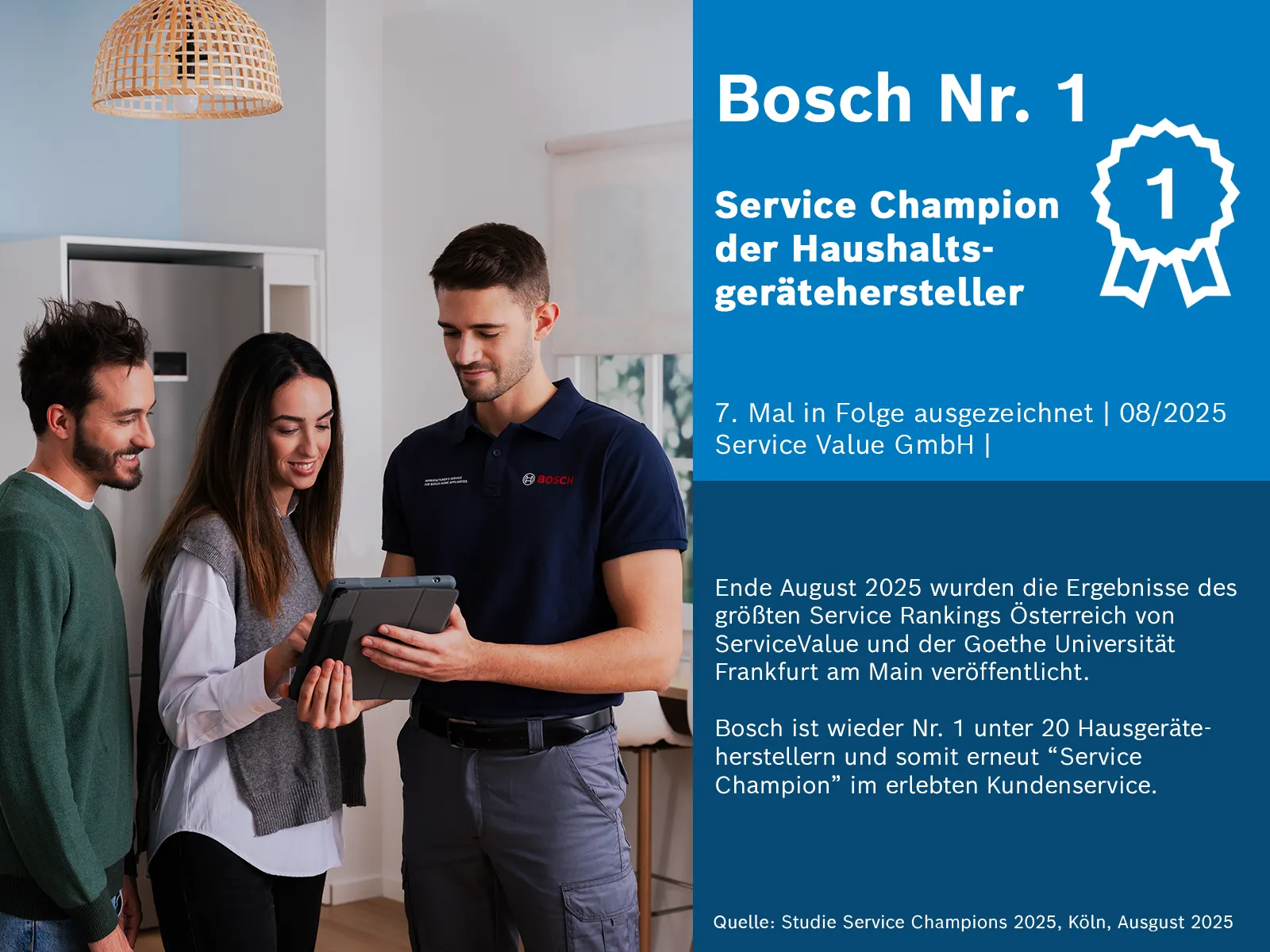 Bosch ist erneut, zum siebten Mal, der Service Champion der Hausgerätehersteller