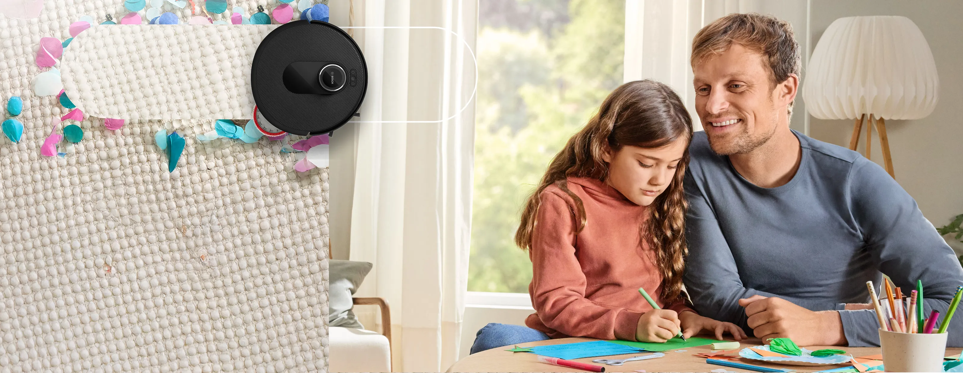 Rodzina przygotowuje posiłek, powstają zabrudzenia widoczne na podłodze, robot Spotless czyści podłogę