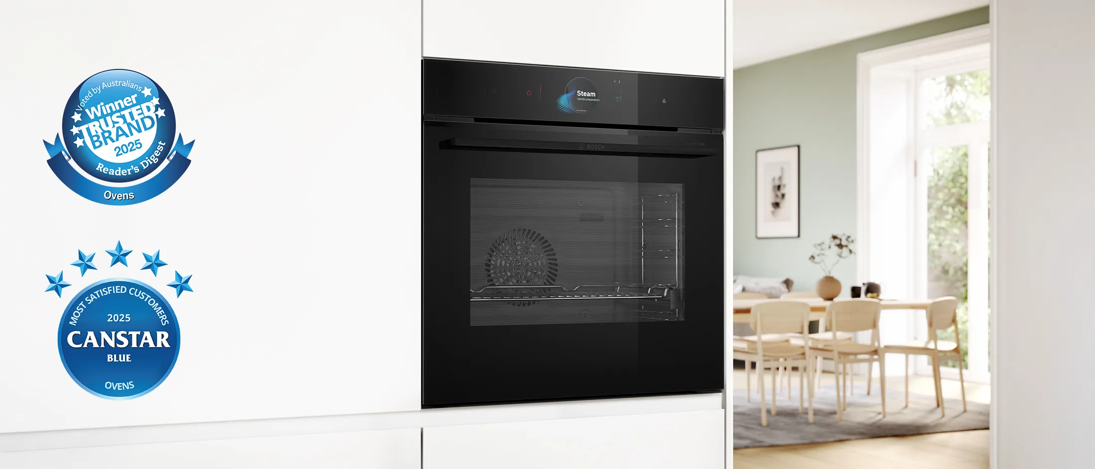 A built in steam oven in a white kitchen.