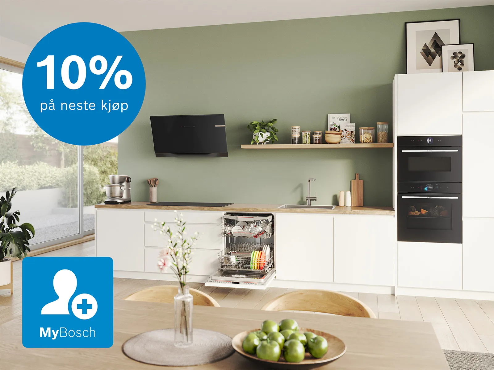 Moderne kjøkken med en svart vinkjøler, åpen oppvaskmaskin. Og et tilbud om 10 % rabatt.