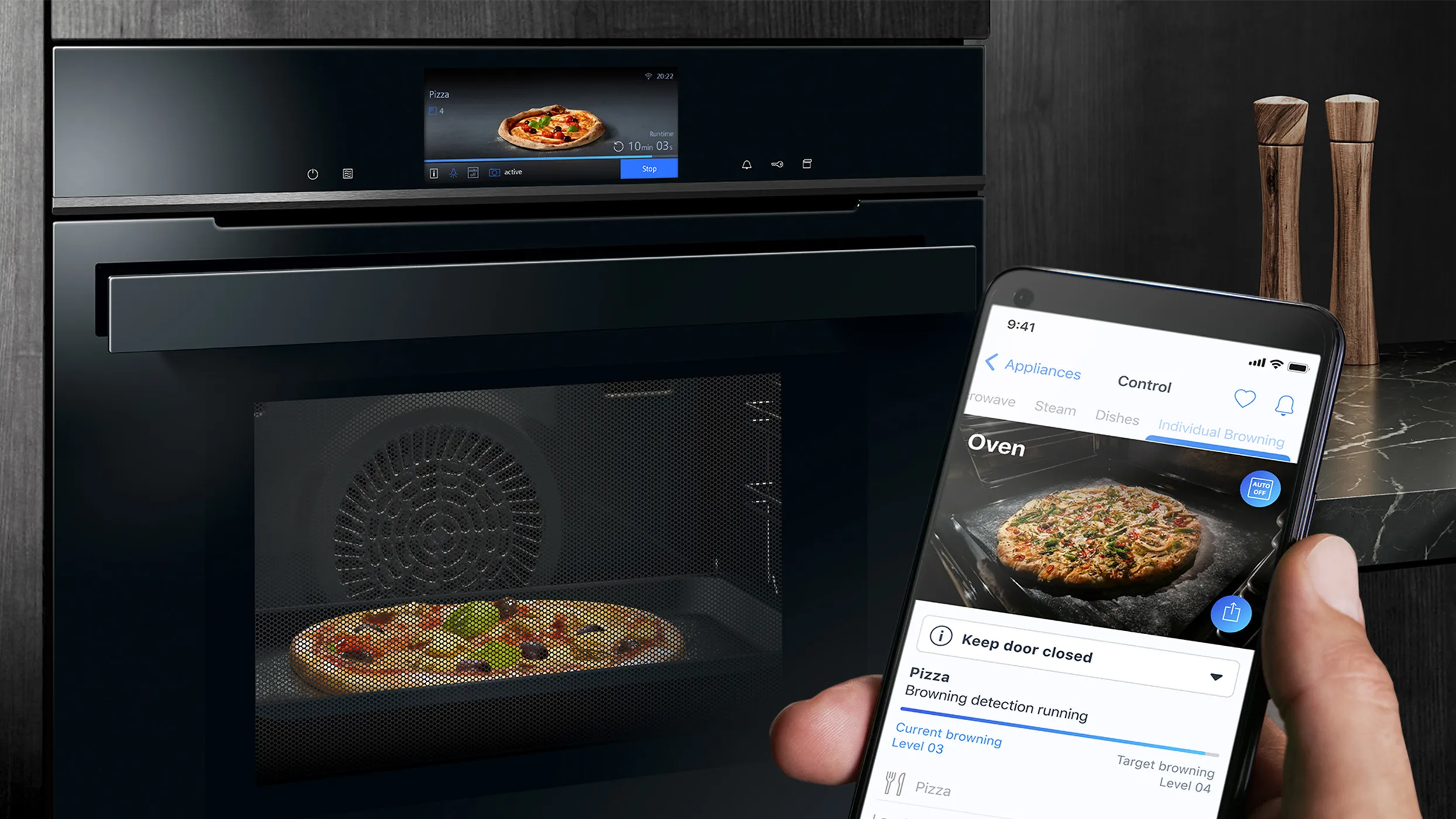 A woman is reaching out to touch the door of an oven, preparing to check on her cooking.