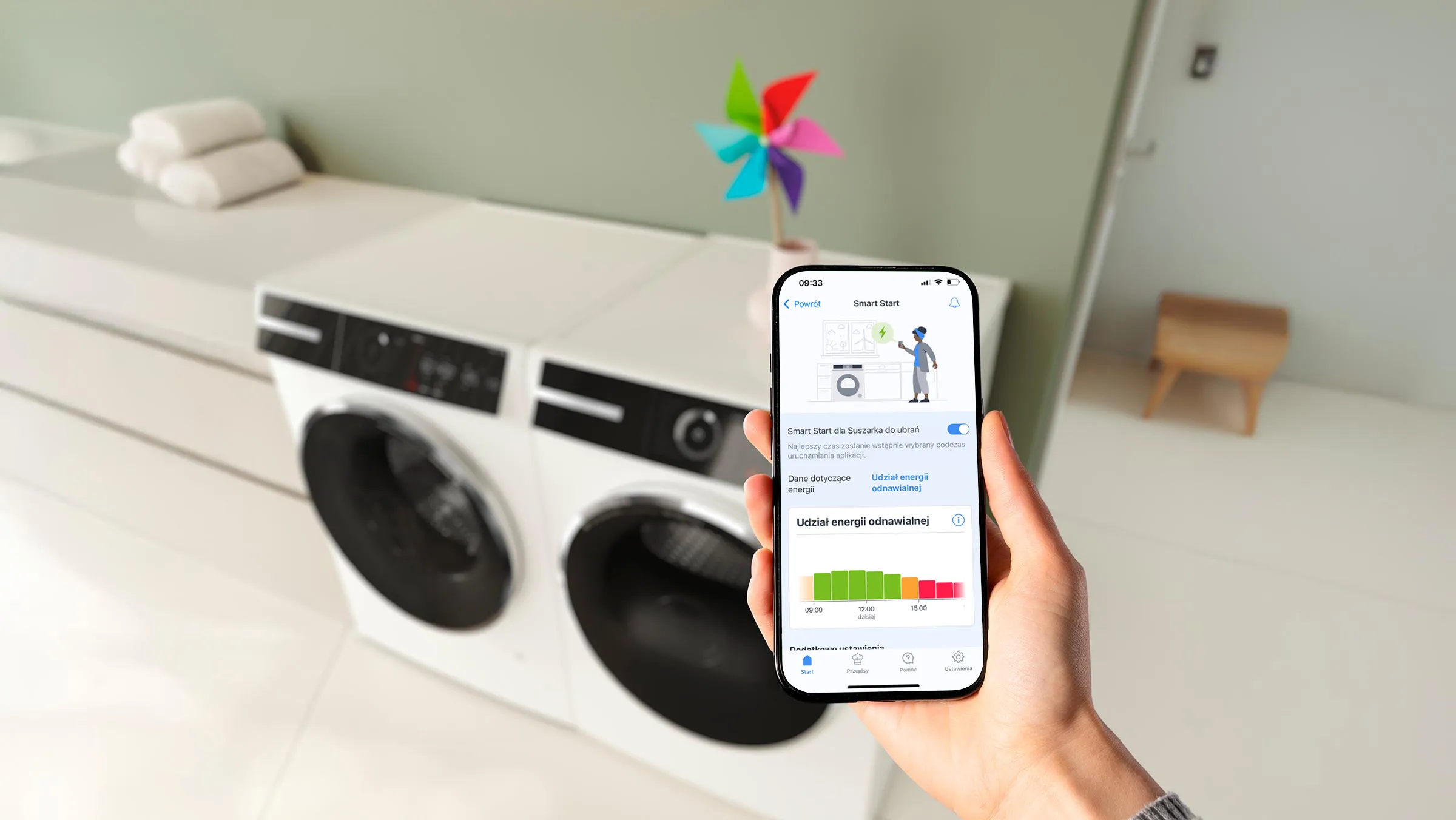 Dłon trzyma smartfon na tle zmywarka