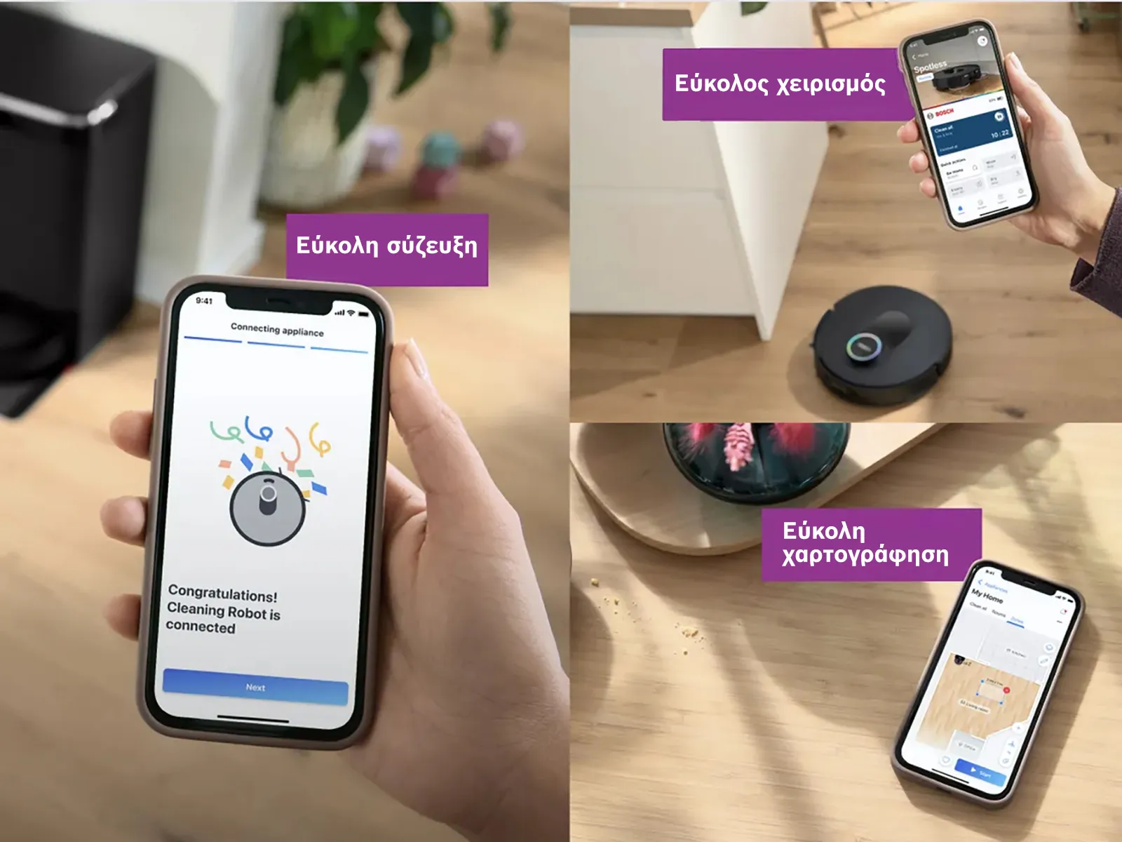 Ένα χέρι κρατάει ένα iPhone, στο οποίο εμφανίζεται η Spotless που είναι συνδεδεμένη στην εφαρμογή Bosch Home Connect.
