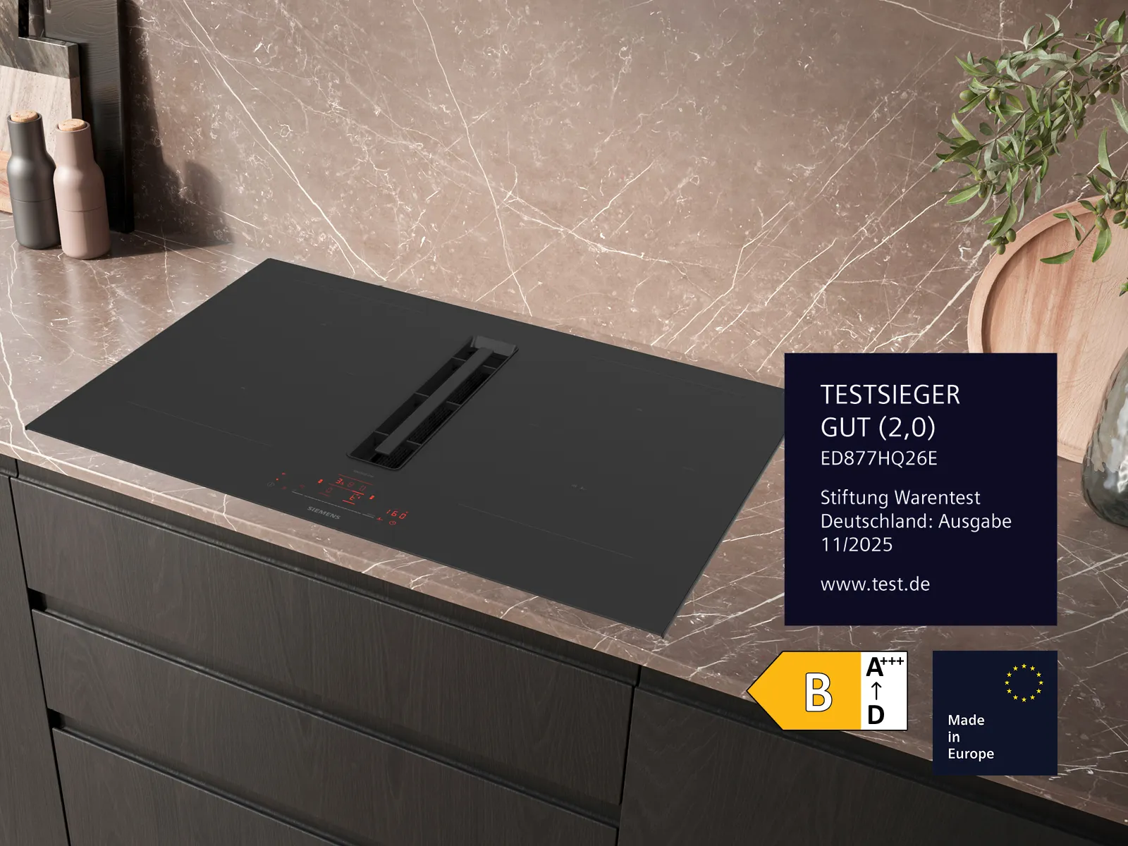 Siemens Induktionskochfeld mit integriertem Dunstabzug ED877HQ26E – Testsieger bei Stiftung Warentest mit dem Qualitätsurteil GUT (2,0), Ausgabe 11/2025.