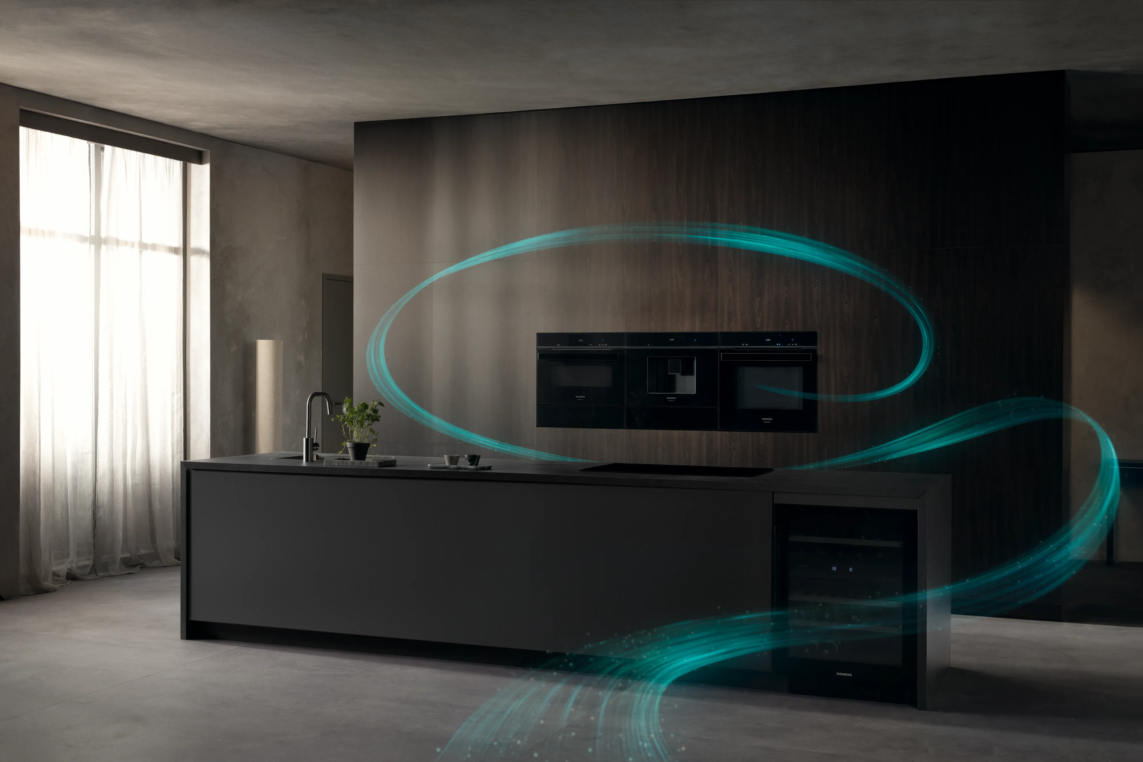 Modern kitchen with built-in black oven and coffee maker, dark marble island, and large window.