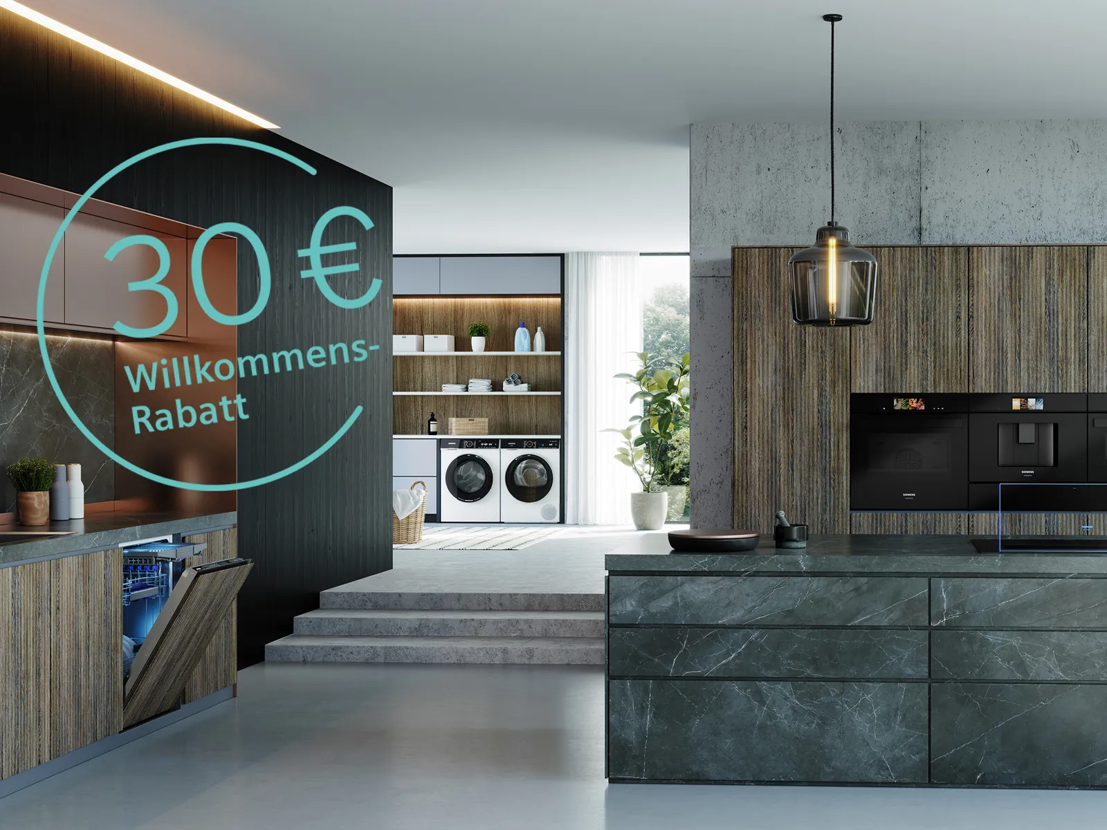 Stilvolle Siemens Hausgeräte auf einer Küchenarbeitsplatte mit Ambiente-Beleuchtung