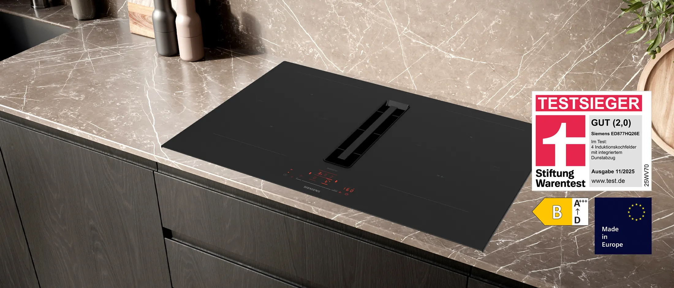 Siemens Induktionskochfeld mit integriertem Dunstabzug ED877HQ26E – Testsieger bei Stiftung Warentest mit dem Qualitätsurteil GUT (2,0), Ausgabe 11/2025.